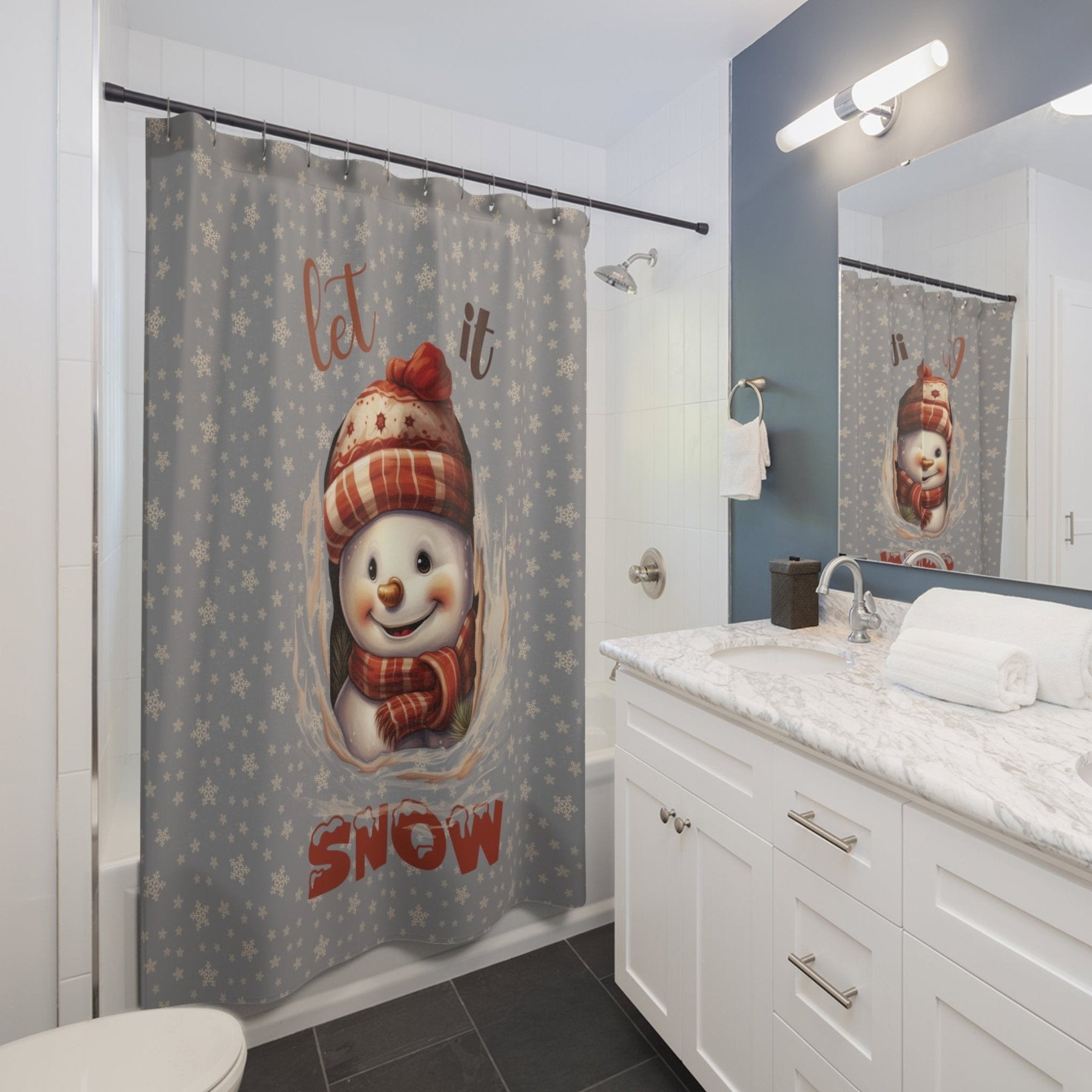 Shower Curtain, Snowman, Winter, Let it Snow, Gray, Snowman 3 - Janlyn's Crafts