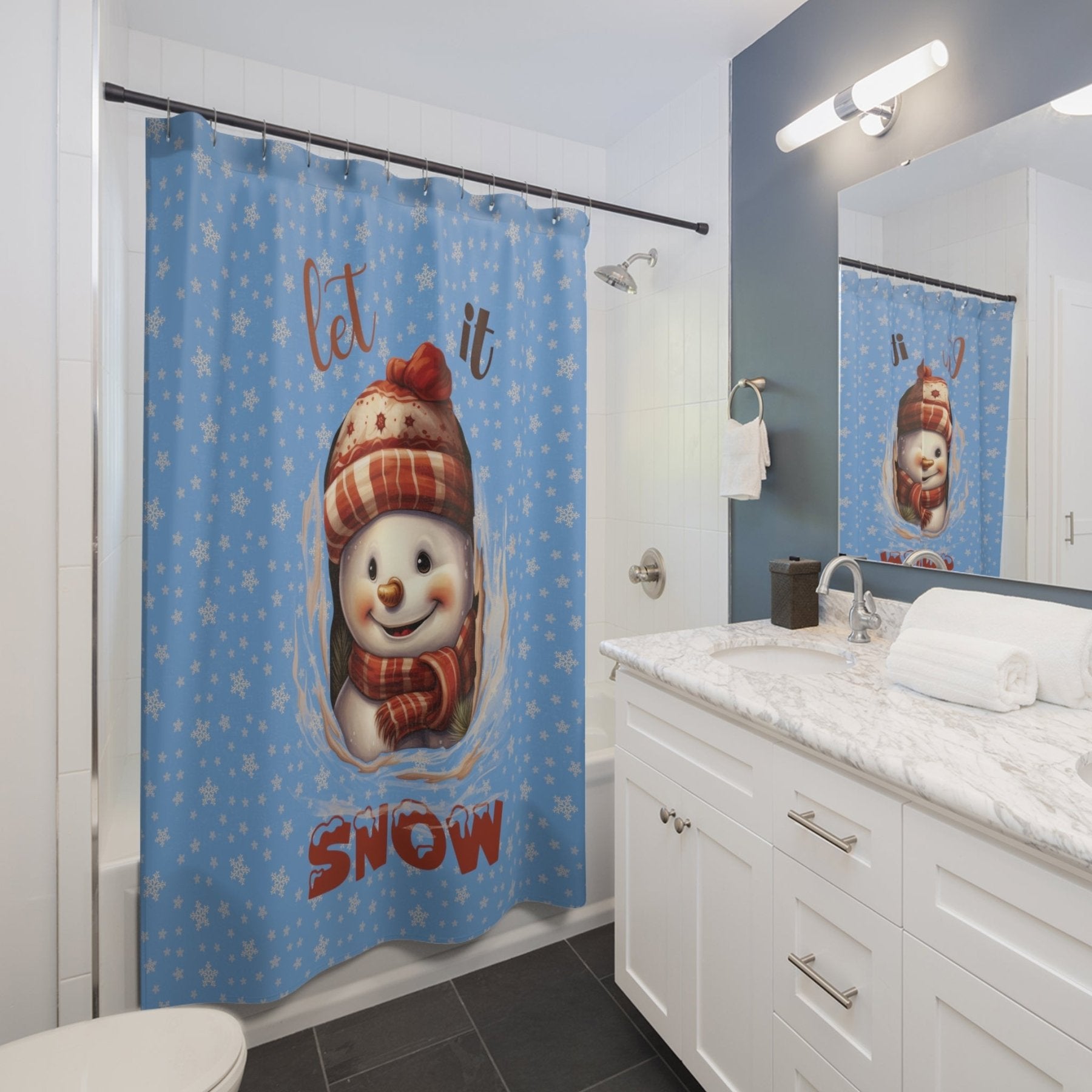 Shower Curtain, Snowman, Winter, Let it Snow, Light Blue, Snowman 3 - Janlyn's Crafts