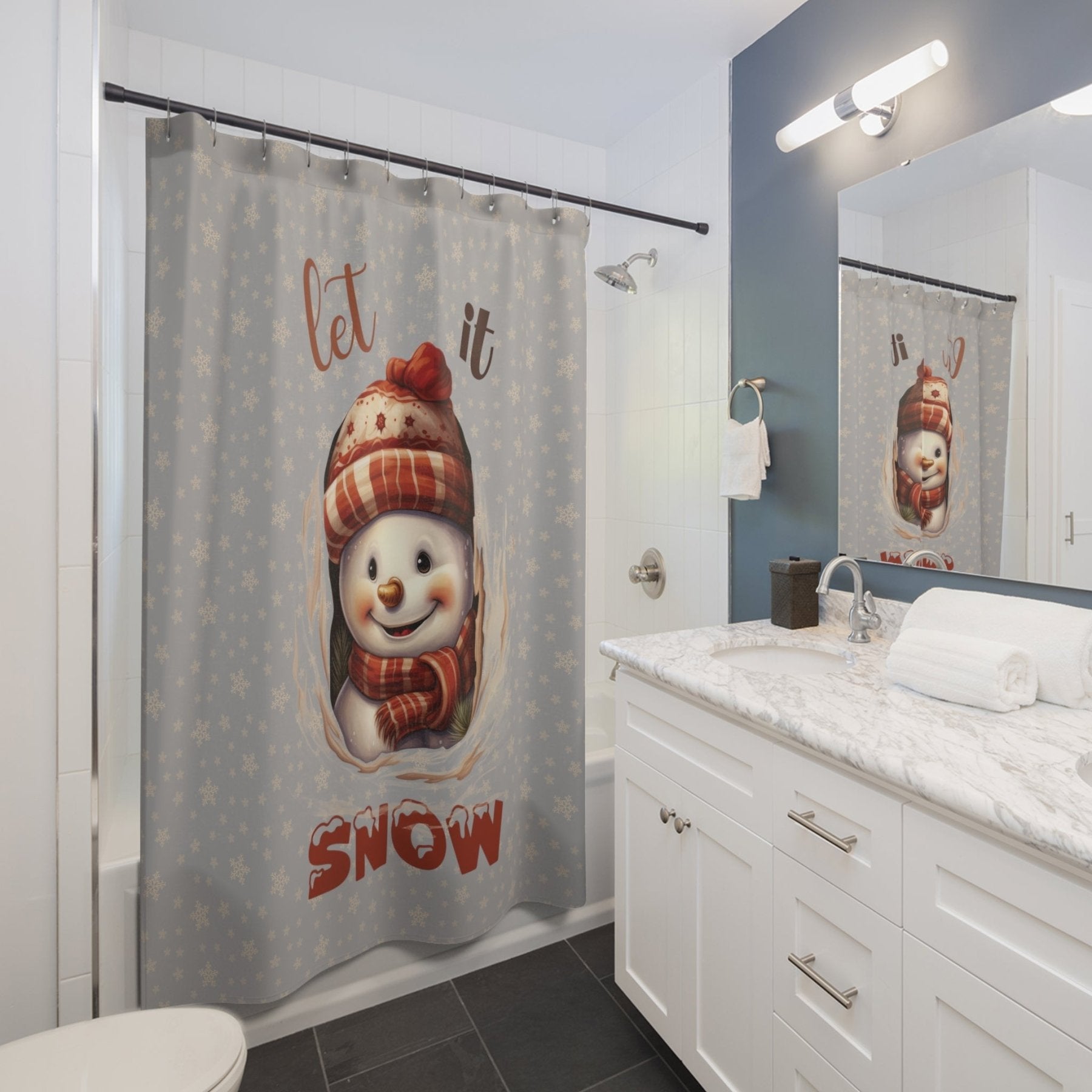 Shower Curtain, Snowman, Winter, Let it Snow, Light Gray, Snowman 3 - Janlyn's Crafts