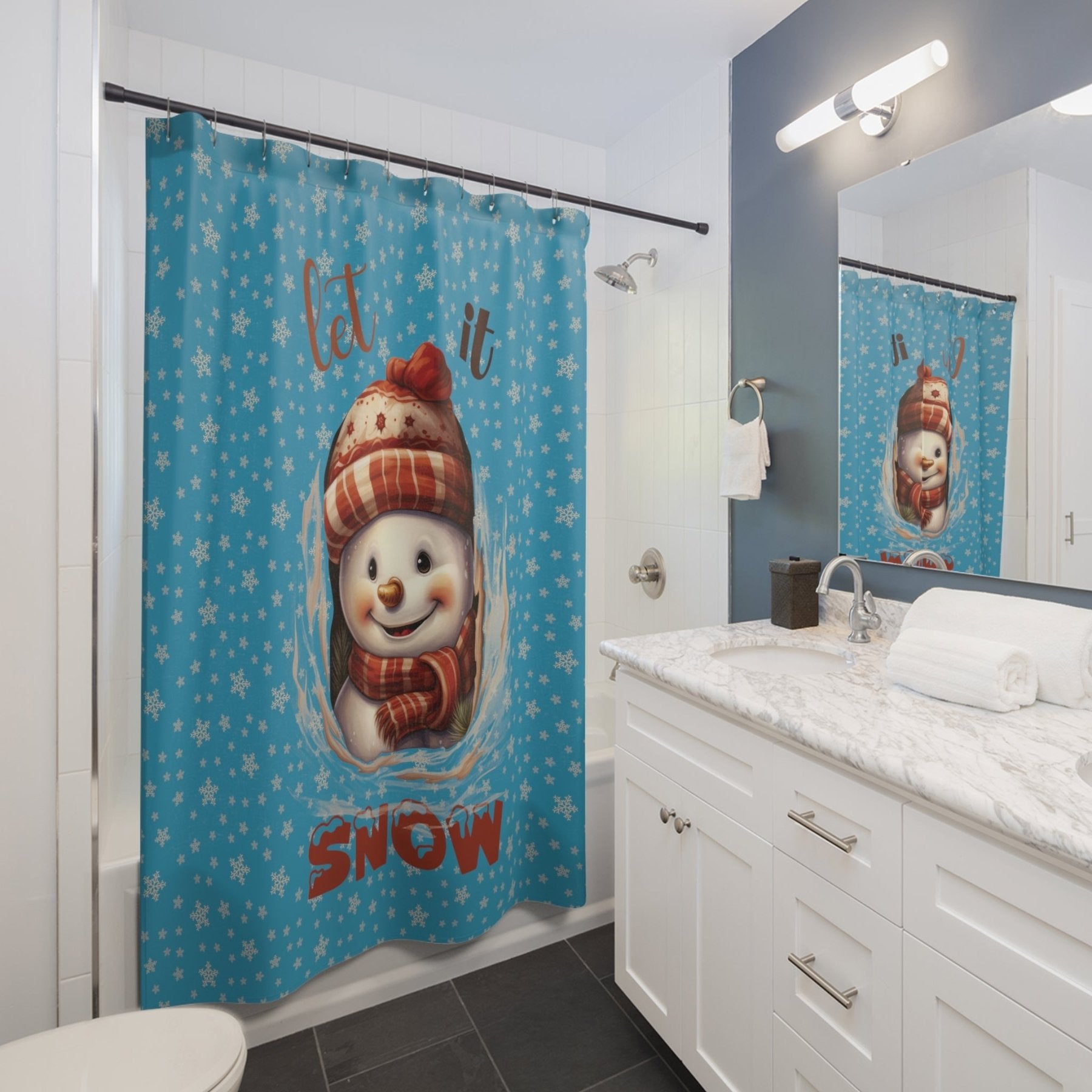 Shower Curtain, Snowman, Winter, Let it Snow, Turquoise, Snowman 3 - Janlyn's Crafts