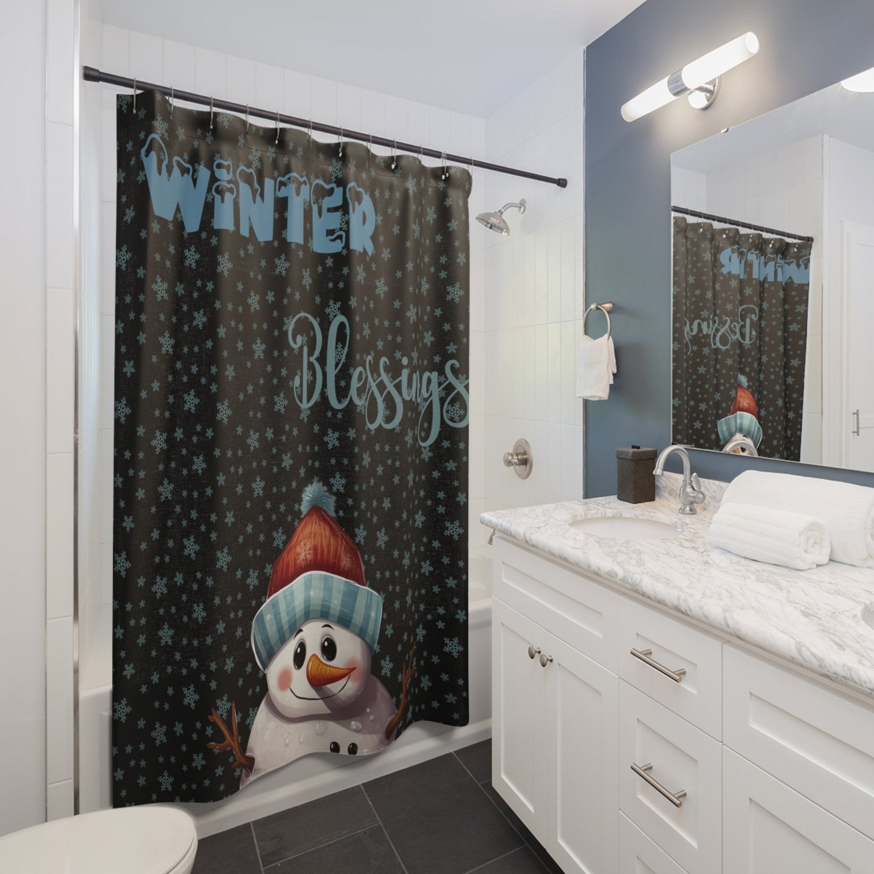 Shower Curtain, Snowman, Winter, Winter Blessings, Black, Snowman 4 - Janlyn's Crafts