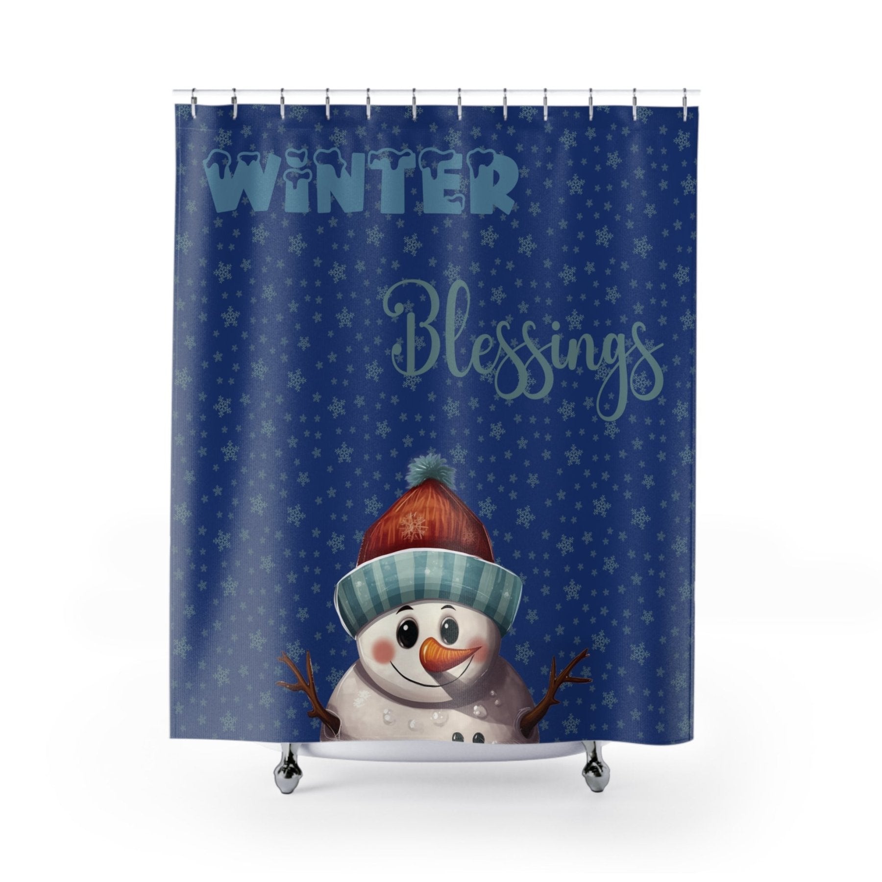 Shower Curtain, Snowman, Winter, Winter Blessings, Dark Blue, Snowman 4 - Janlyn's Crafts