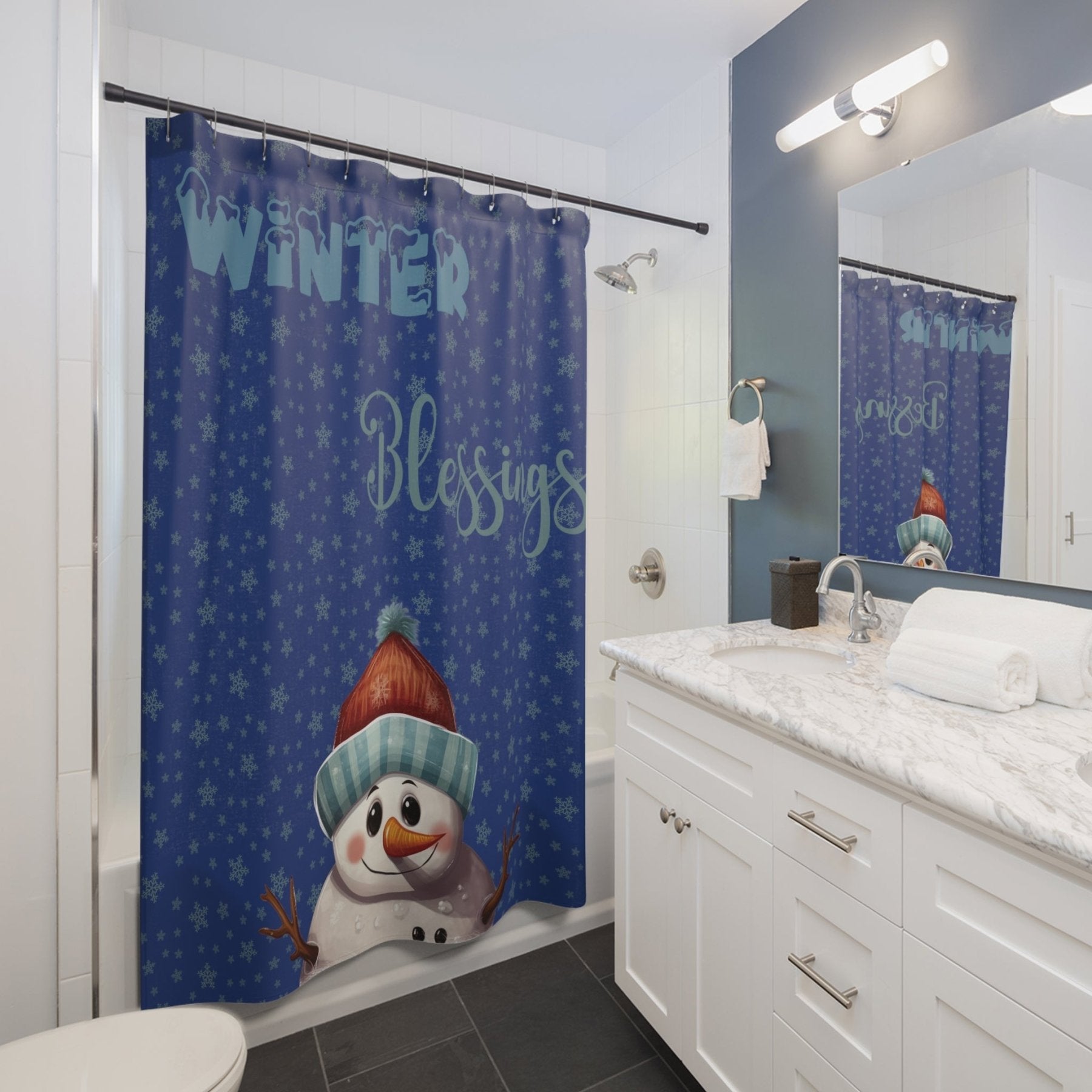 Shower Curtain, Snowman, Winter, Winter Blessings, Dark Blue, Snowman 4 - Janlyn's Crafts