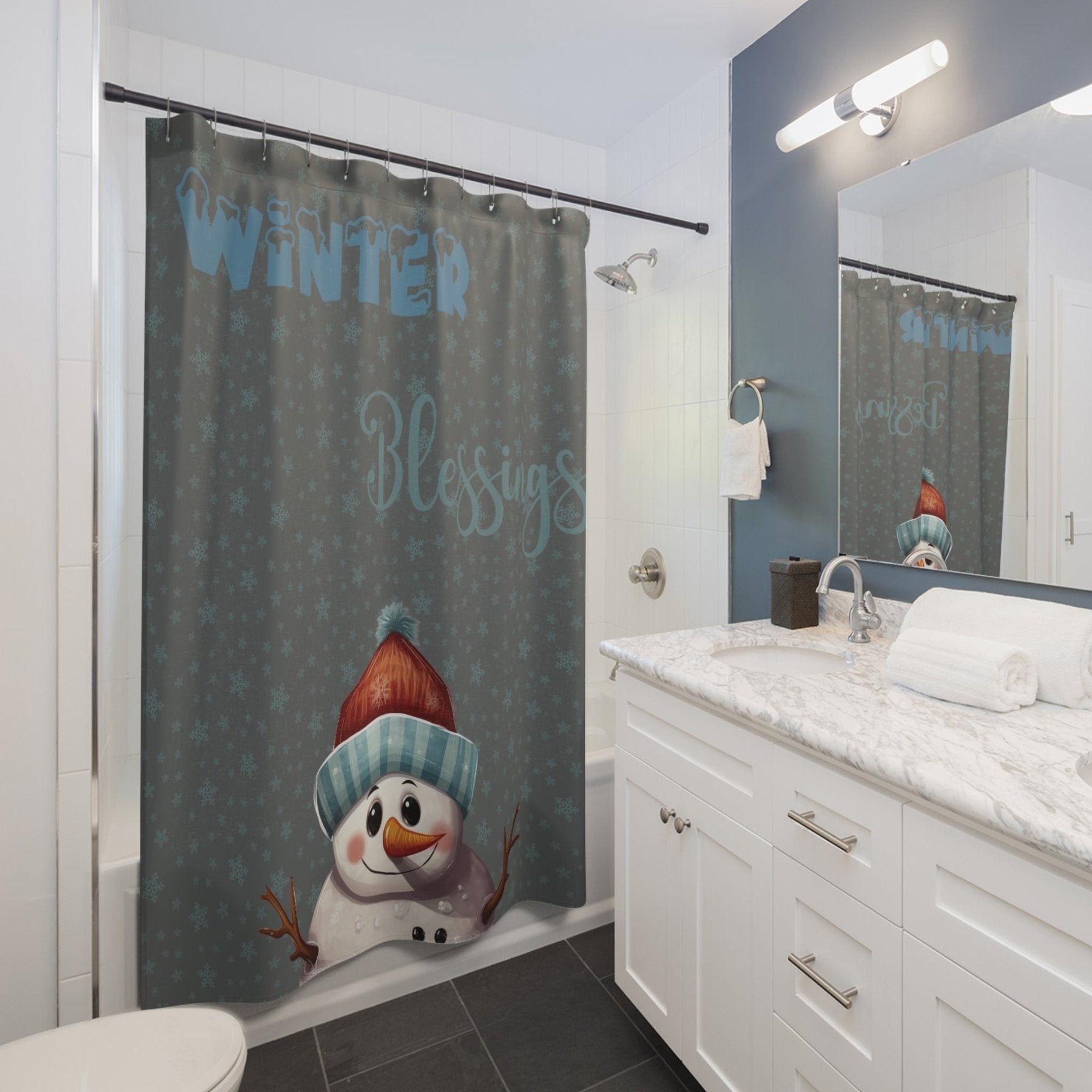 Shower Curtain, Snowman, Winter, Winter Blessings, Dark Gray, Snowman 4 - Janlyn's Crafts