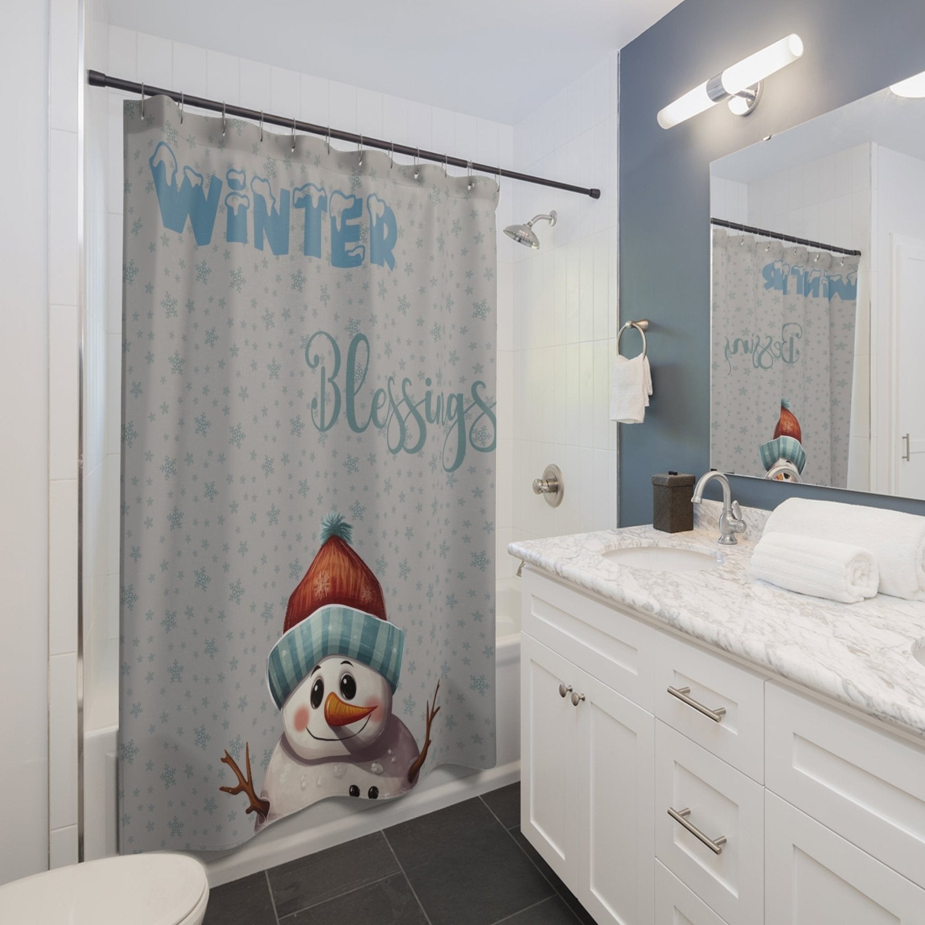 Shower Curtain, Snowman, Winter, Winter Blessings, Gray, Snowman 4 - Janlyn's Crafts