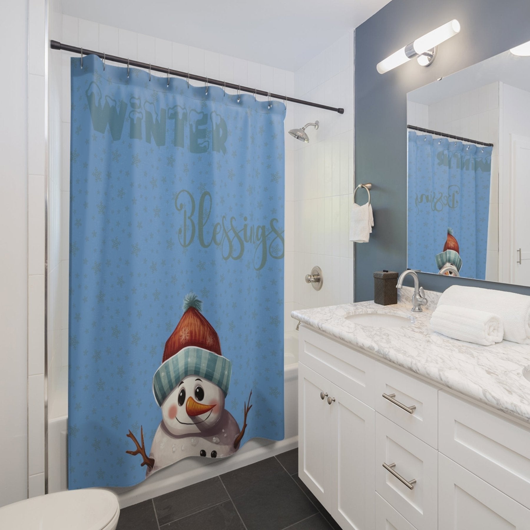 Shower Curtain, Snowman, Winter, Winter Blessings, Light Blue, Snowman 4 - Janlyn's Crafts