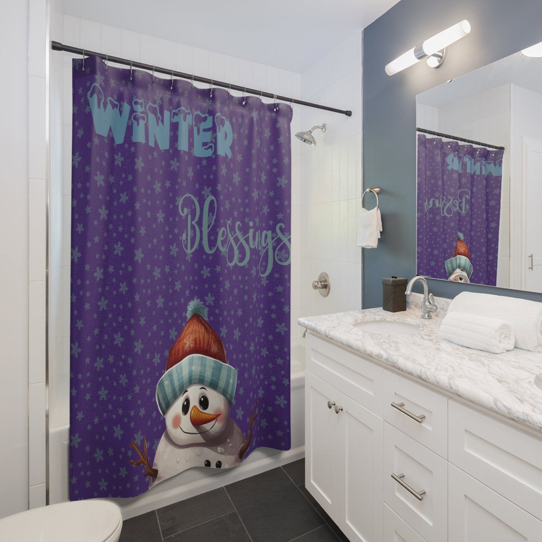 Shower Curtain, Snowman, Winter, Winter Blessings, Purple, Snowman 4 - Janlyn's Crafts