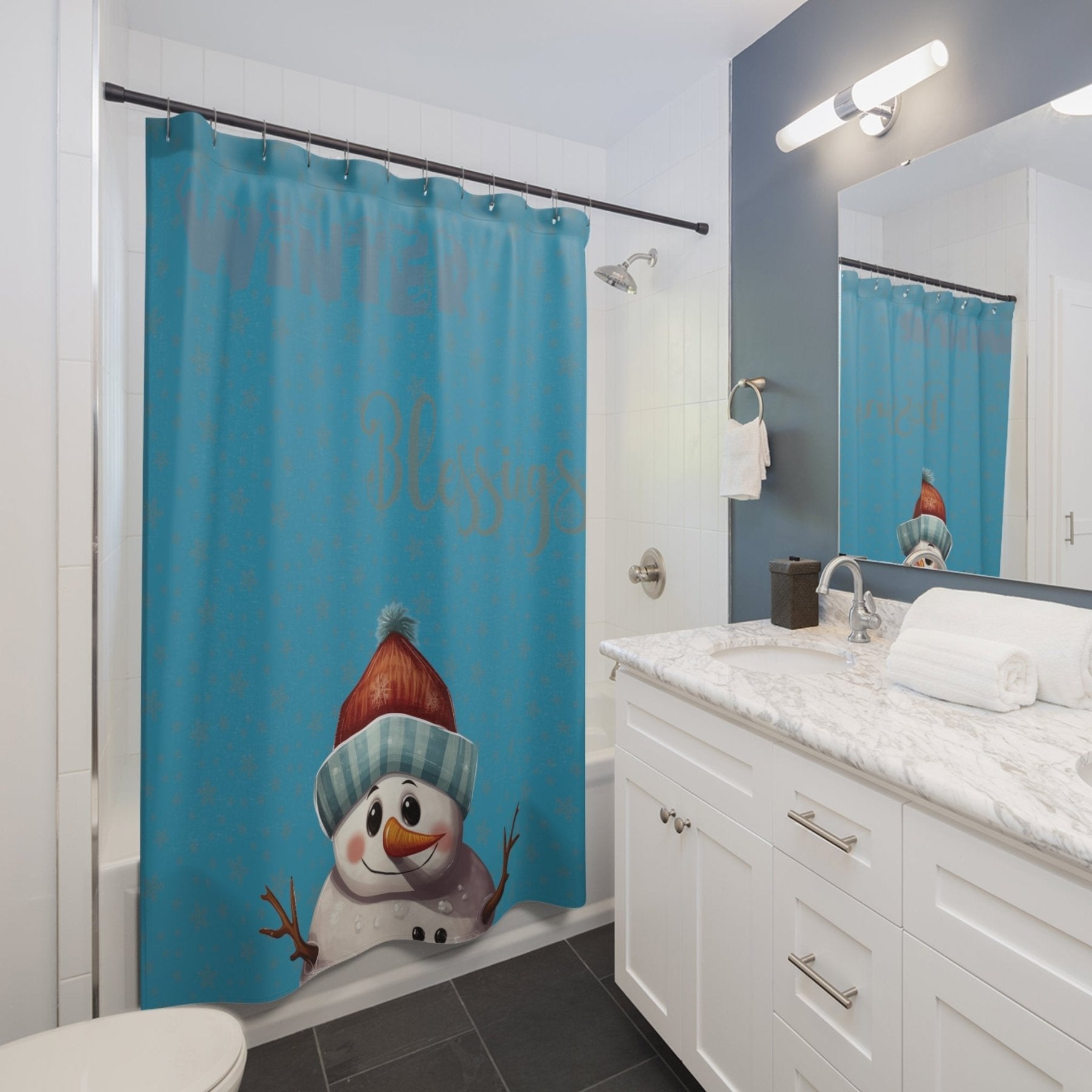 Shower Curtain, Snowman, Winter, Winter Blessings, Turquoise, Snowman 4 - Janlyn's Crafts