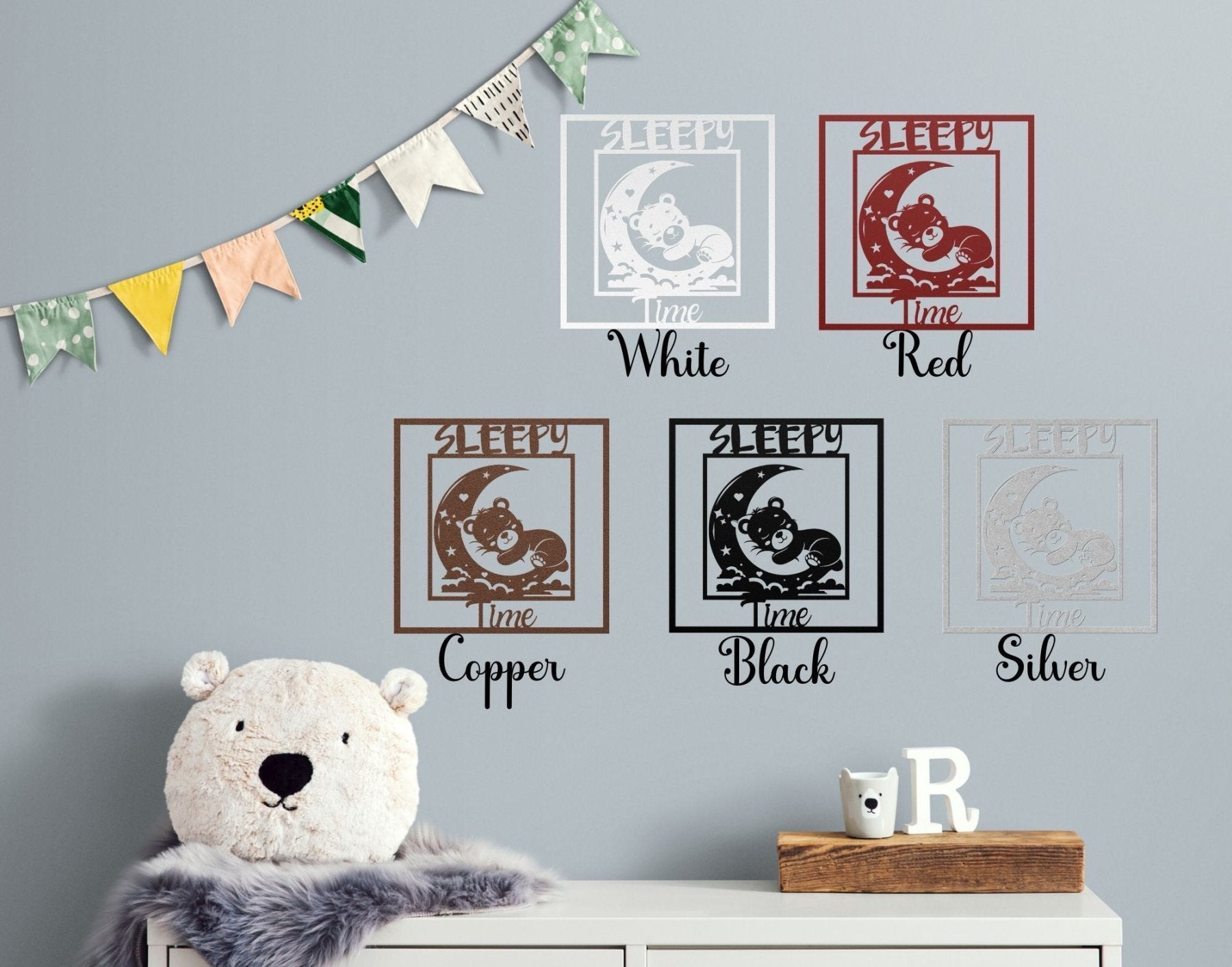 Sleepy Time, Sleeping Bear on Moon, Square Metal Sign - Janlyn's Crafts