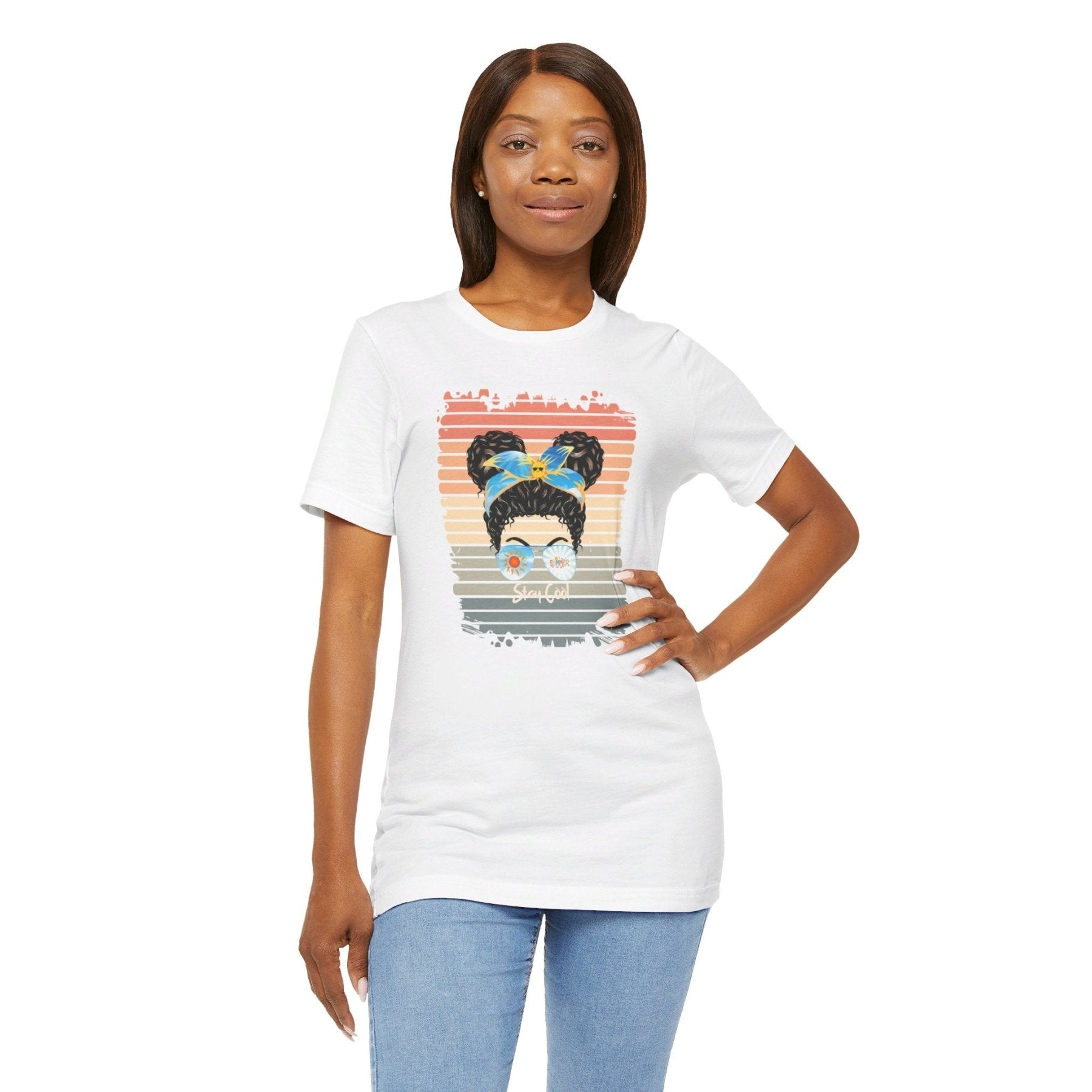 Stay Cool Retro Summer, Black Hair Messy Bun, Unisex Jersey Short Sleeve Tee - Janlyn's Crafts