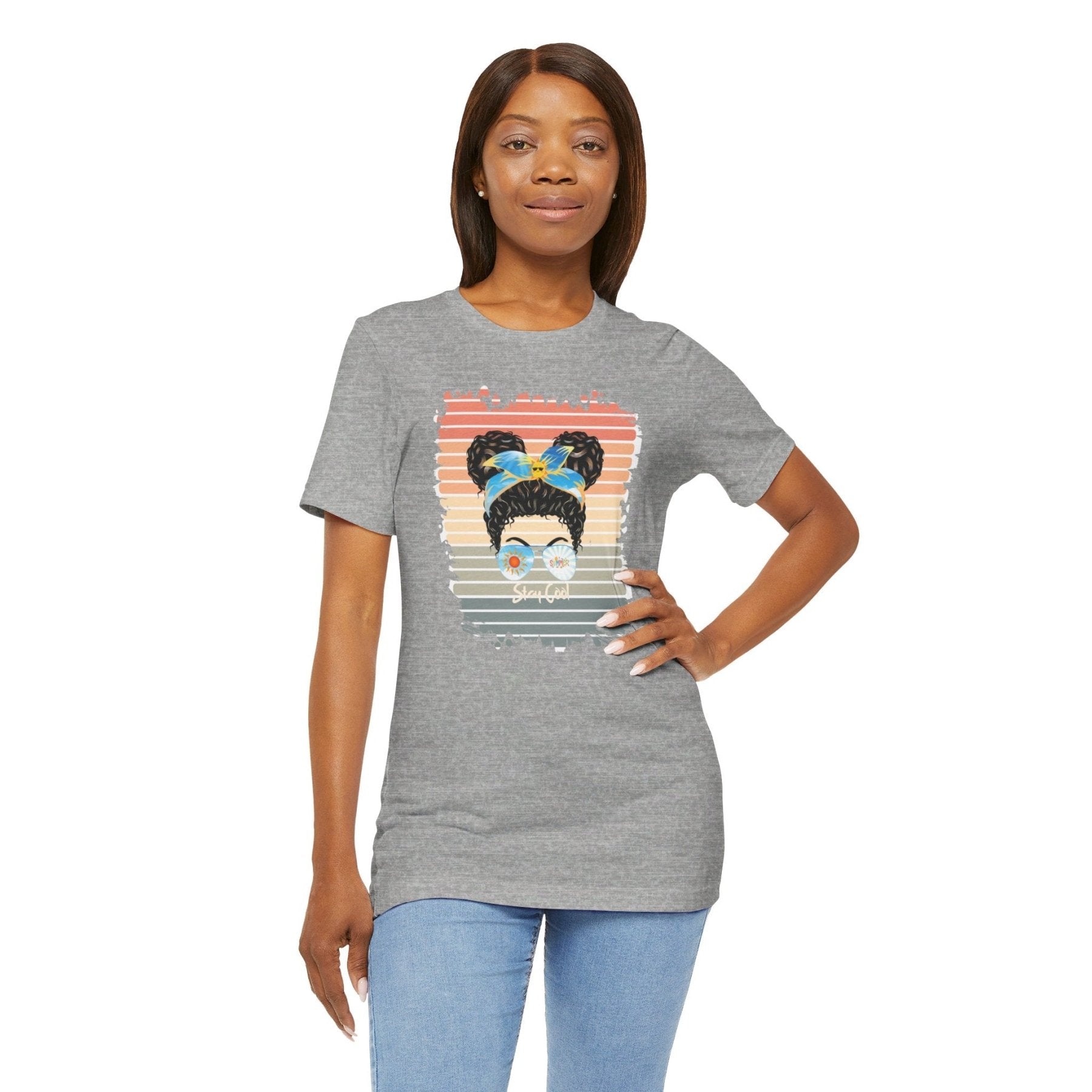 Stay Cool Retro Summer, Black Hair Messy Bun, Unisex Jersey Short Sleeve Tee - Janlyn's Crafts