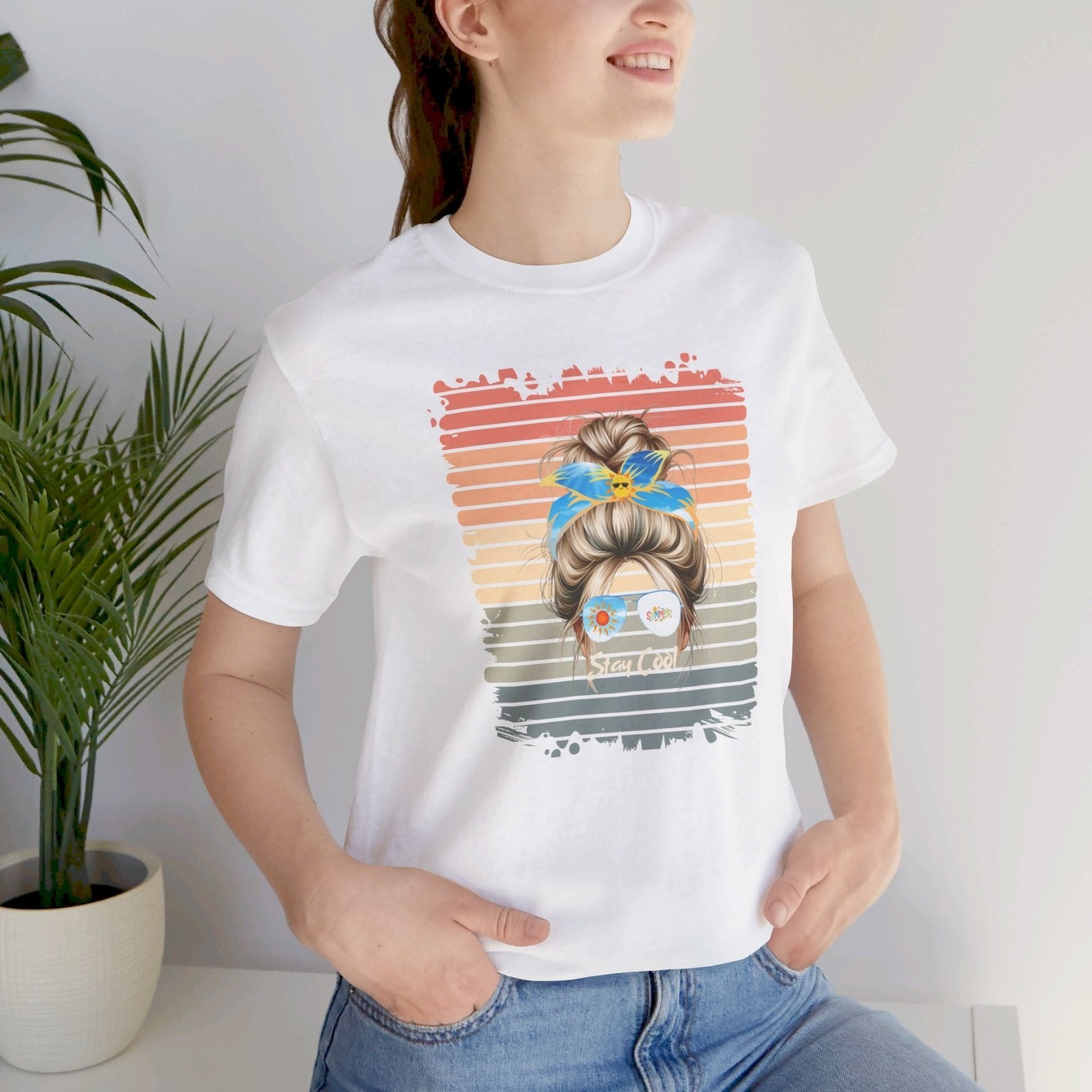 Stay Cool Retro Summer, Blond Hair Messy Bun, Unisex Jersey Short Sleeve Tee - Janlyn's Crafts