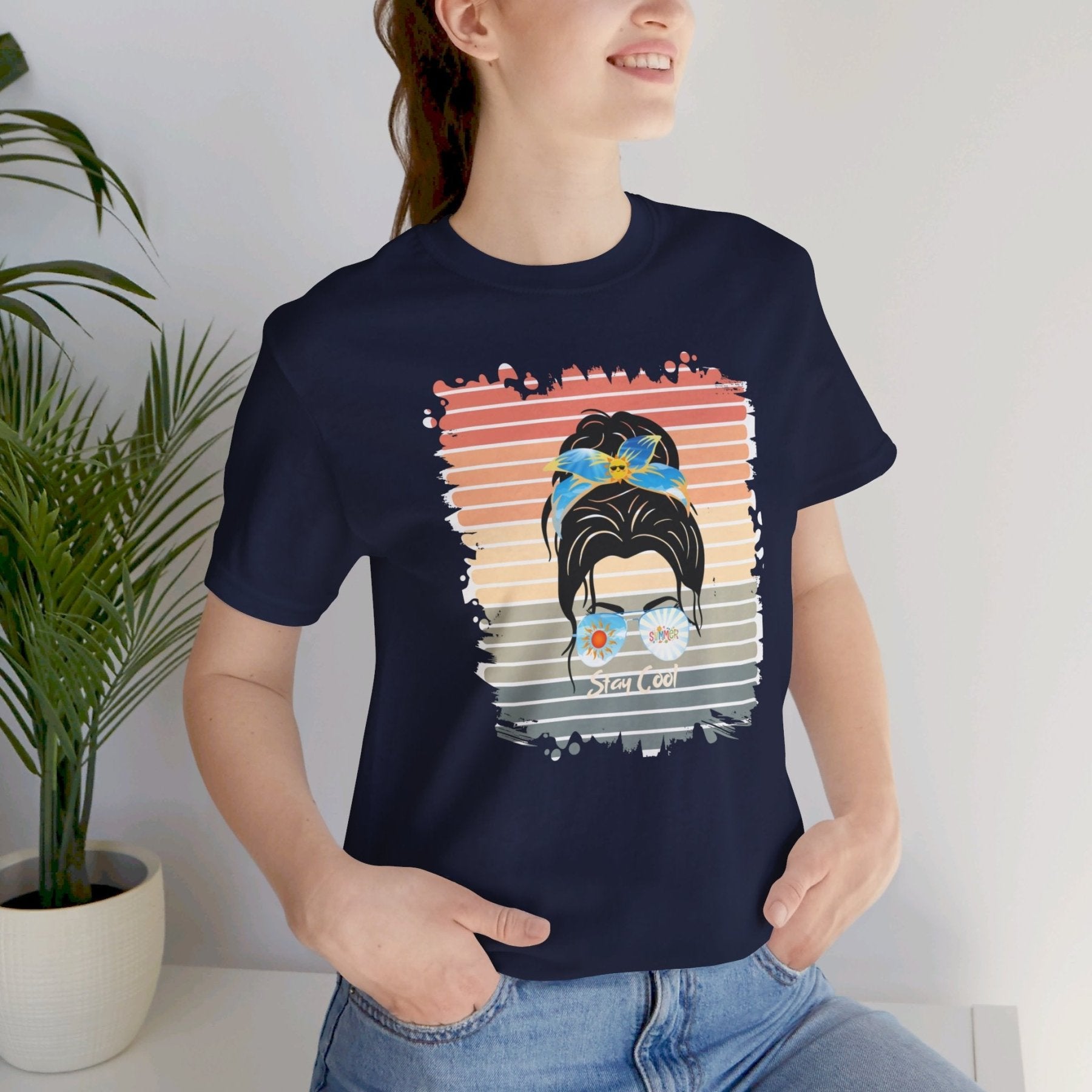 Stay Cool Retro Summer, Dark Hair Messy Bun, Unisex Jersey Short Sleeve Tee - Janlyn's Crafts