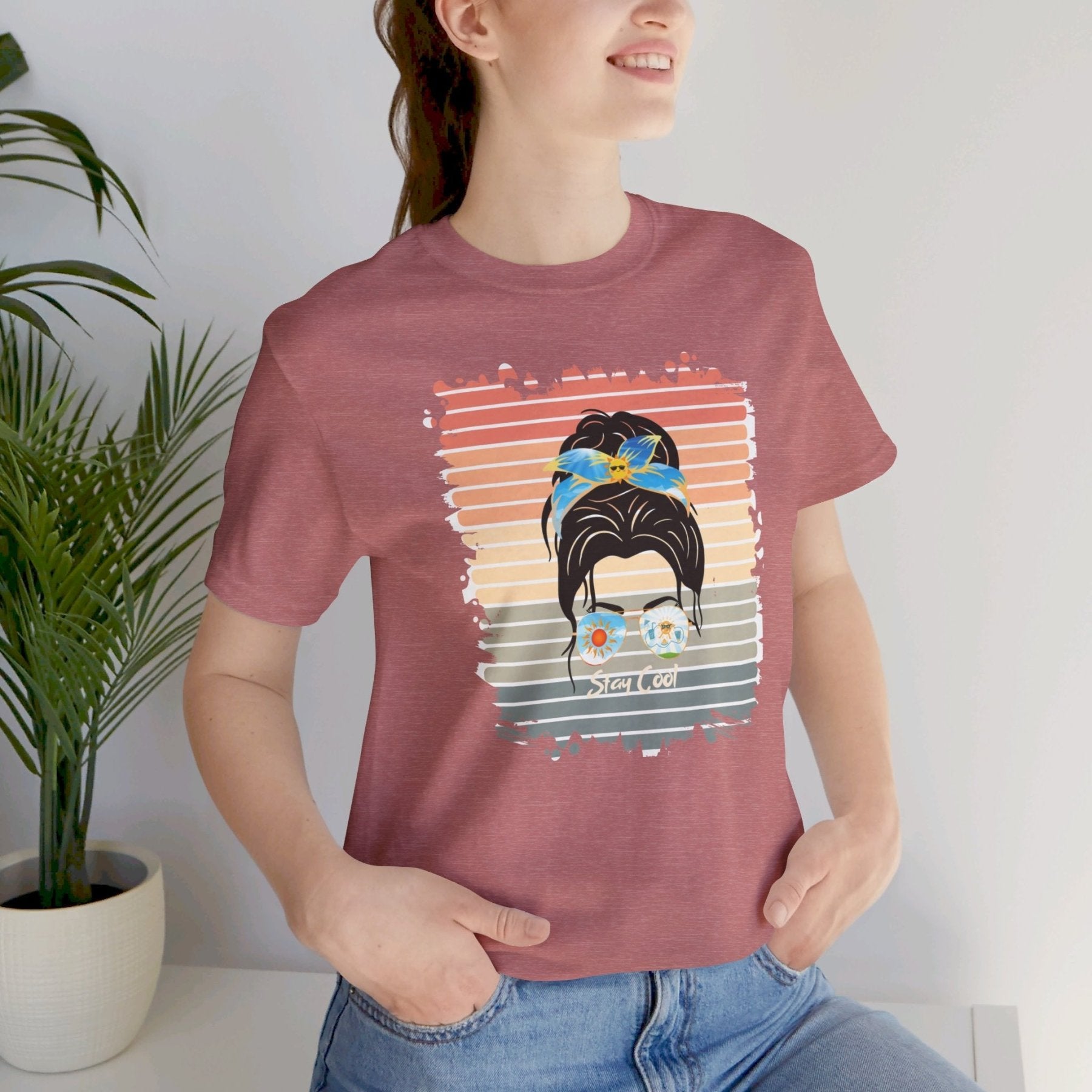 Stay Cool Retro Sun, Dark Hair Messy Bun, Unisex Jersey Short Sleeve Tee - Janlyn's Crafts