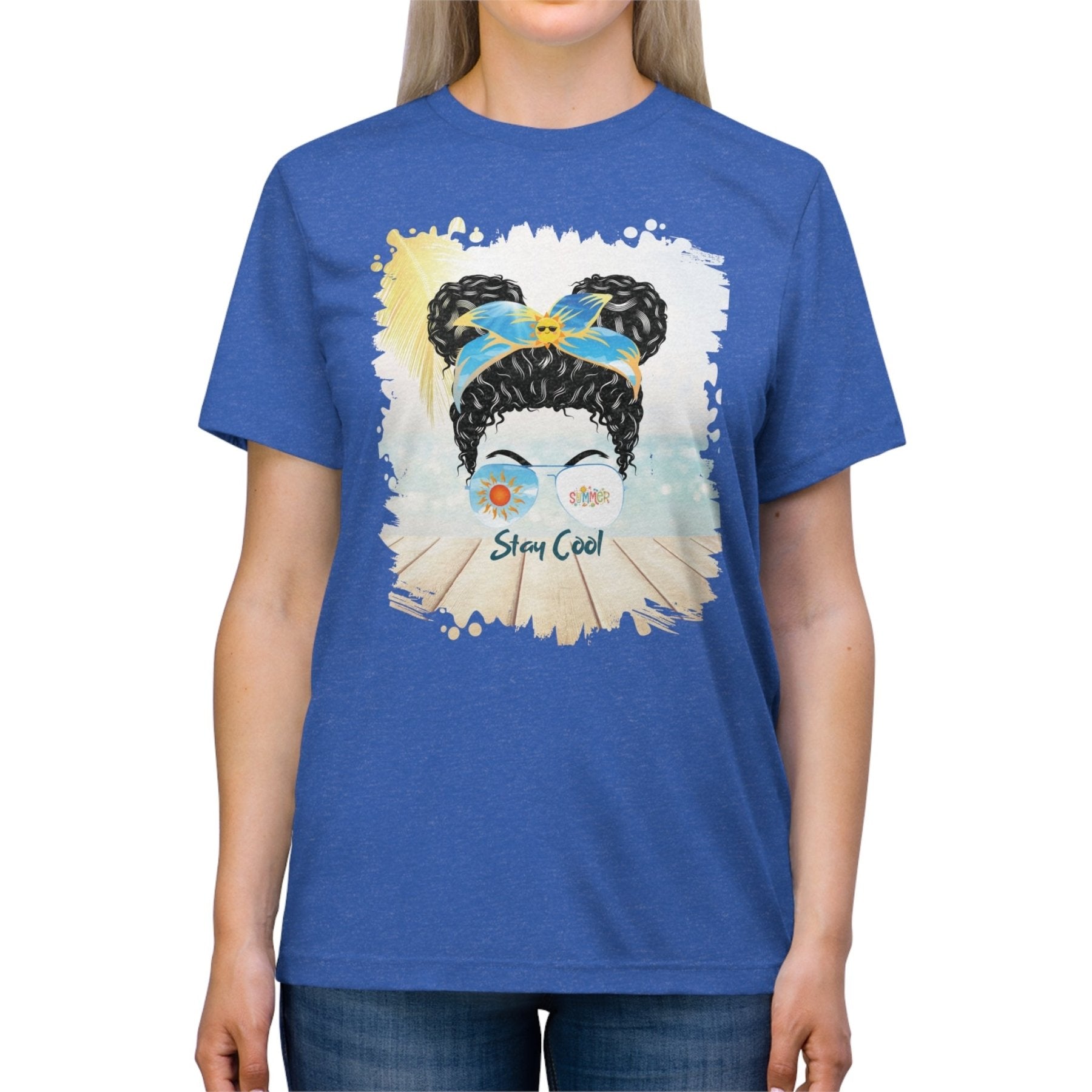 Stay Cool Summer, Black Hair Messy Bun, Unisex Triblend T - Shirt - Janlyn's Crafts