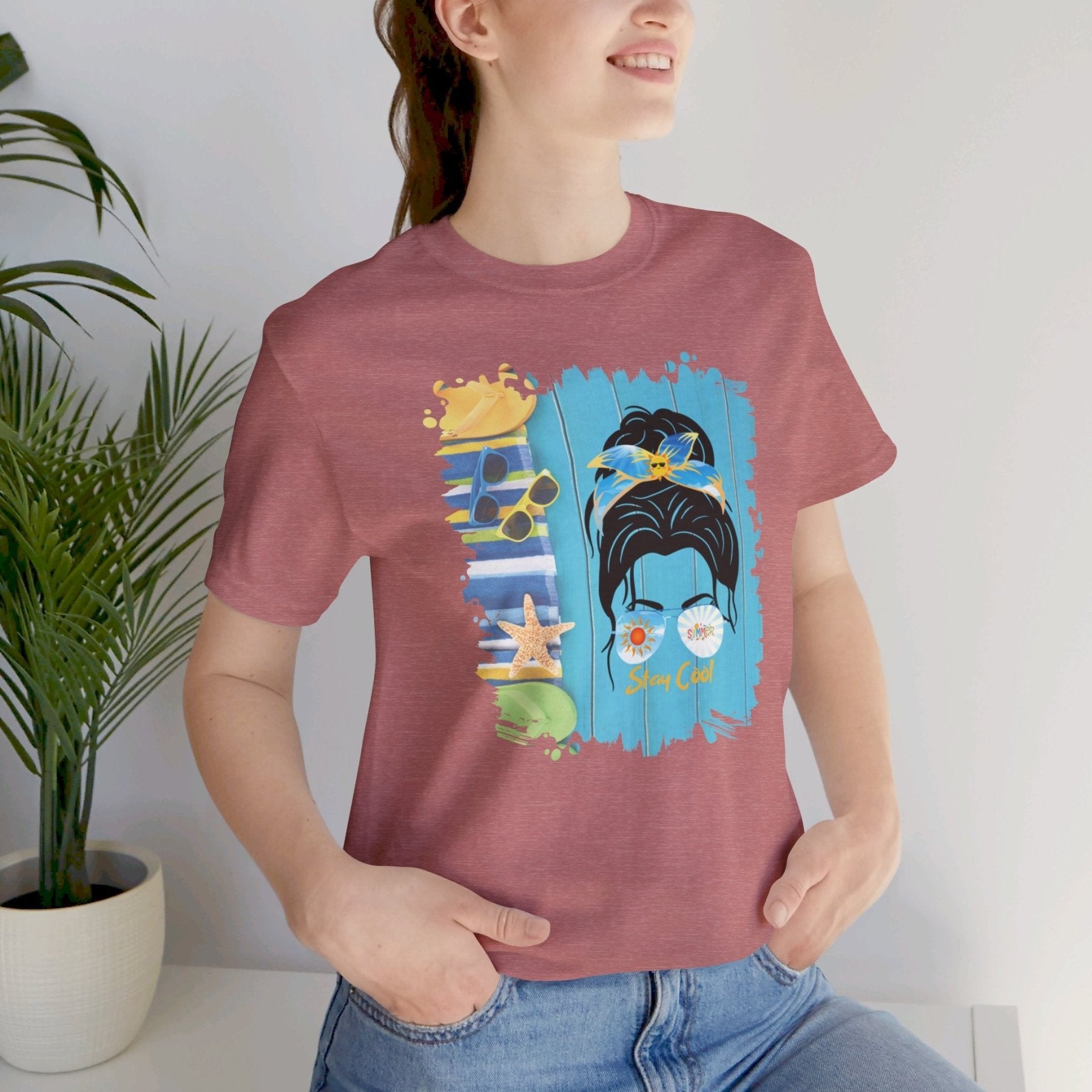 Stay Cool Summer Flip Flops, Dark Hair Messy Bun, Unisex Jersey Short Sleeve Tee - Janlyn's Crafts