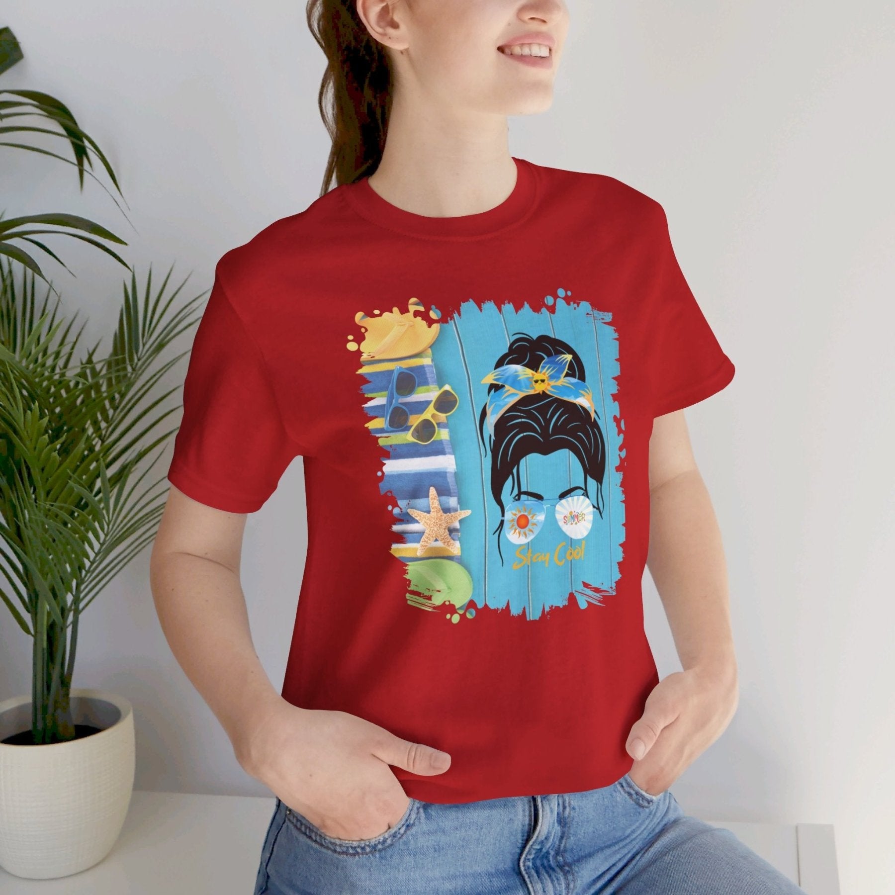 Stay Cool Summer Flip Flops, Dark Hair Messy Bun, Unisex Jersey Short Sleeve Tee - Janlyn's Crafts