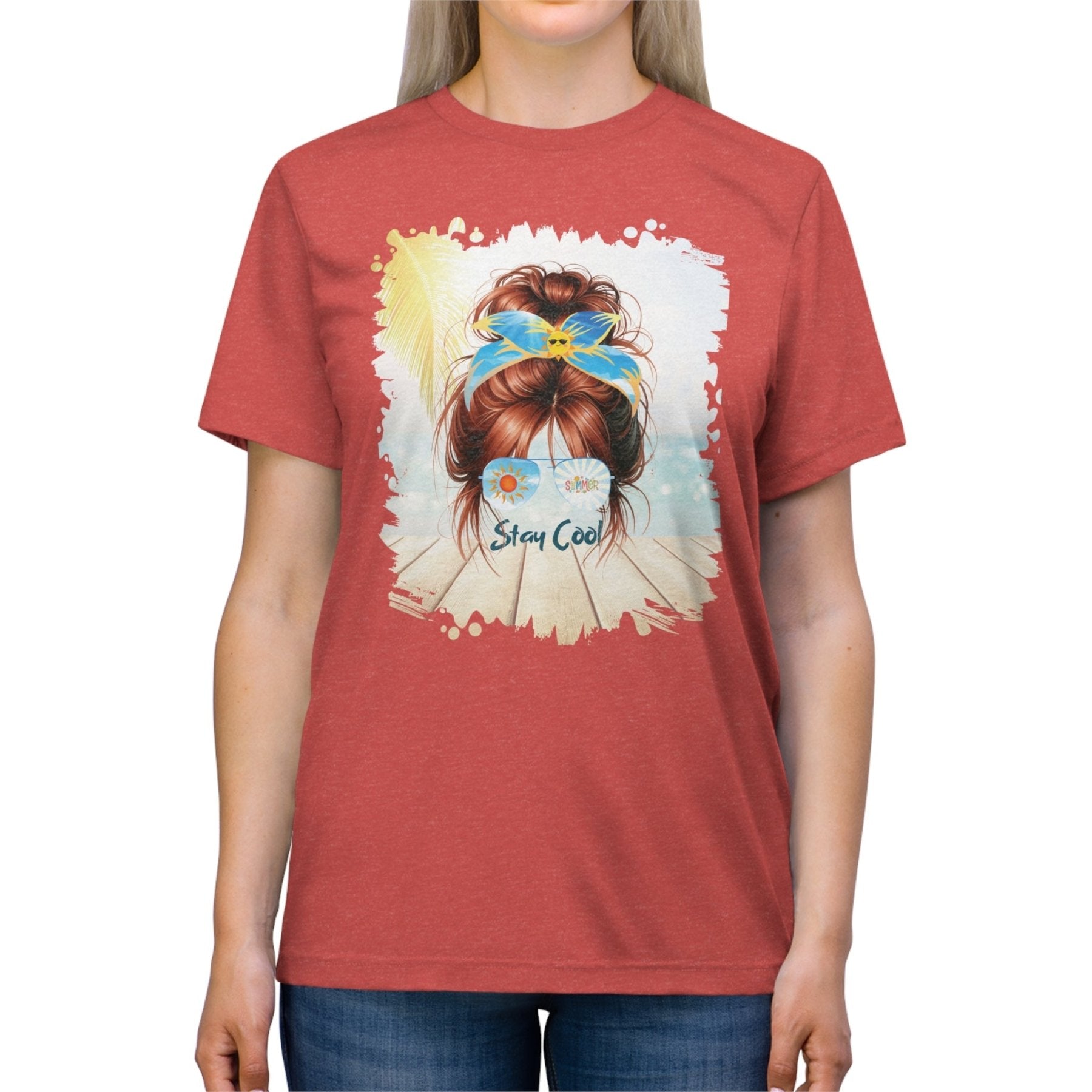 Stay Cool Summer, Red Hair Messy Bun, Unisex Triblend T - Shirt - Janlyn's Crafts