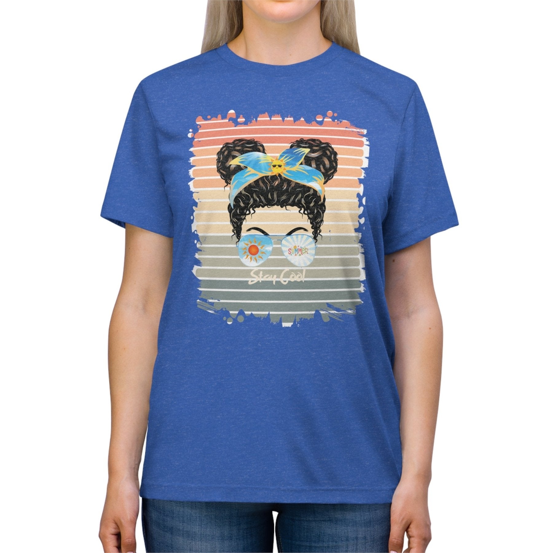 Stay Cool Summer Retro, Black Hair Messy Bun, Unisex Triblend T - Shirt - Janlyn's Crafts