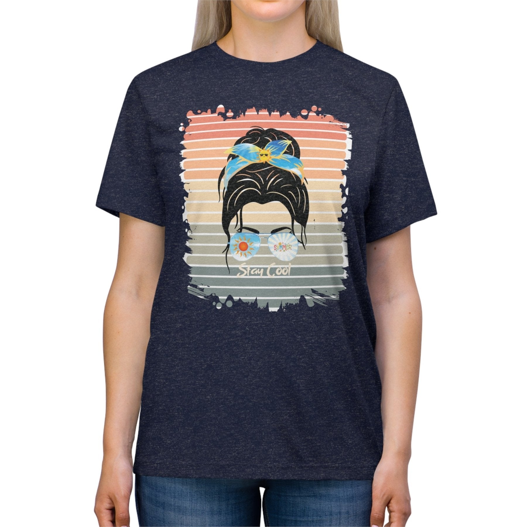 Stay Cool Summer Retro, Dark Hair Messy Bun, Unisex Triblend T - Shirt - Janlyn's Crafts