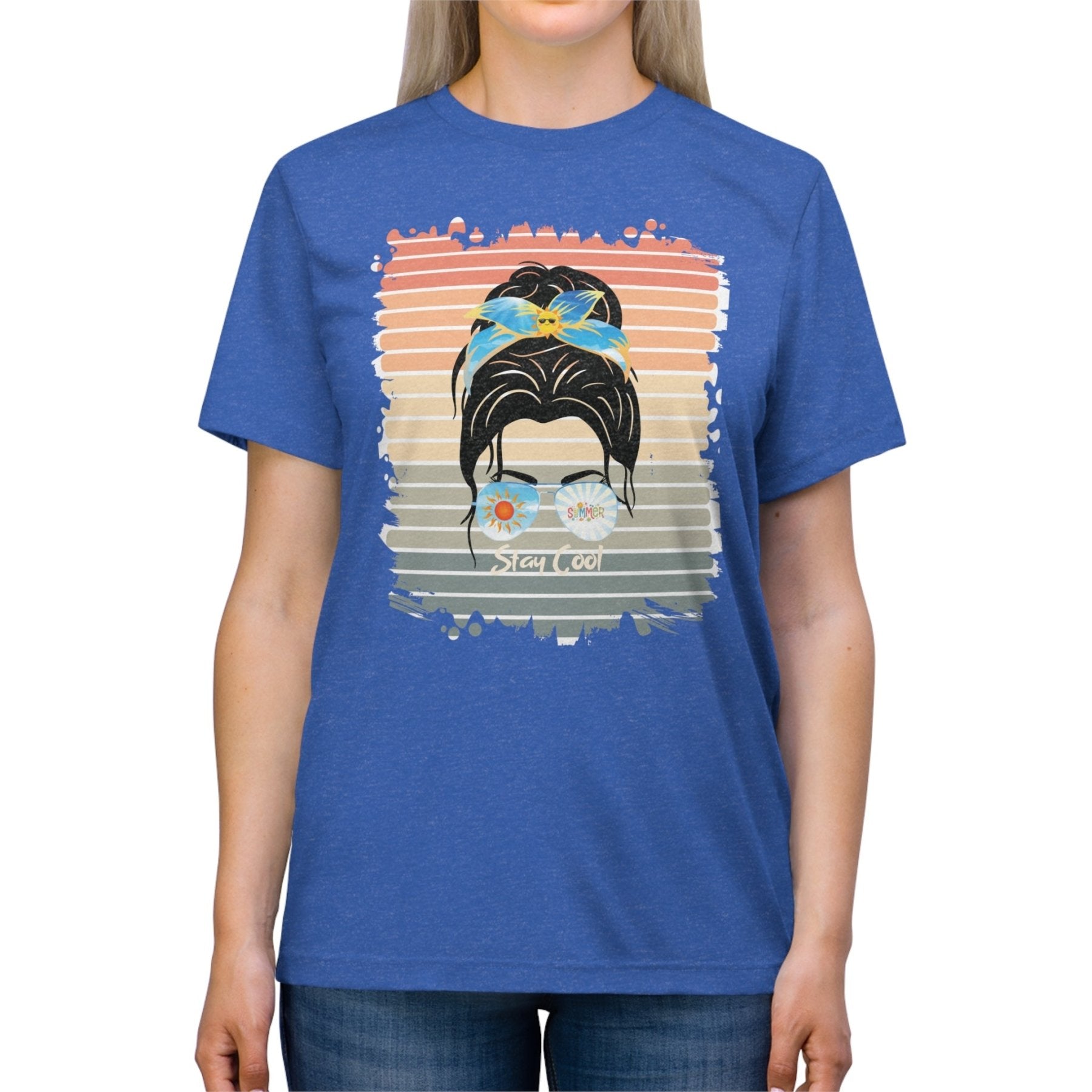 Stay Cool Summer Retro, Dark Hair Messy Bun, Unisex Triblend T - Shirt - Janlyn's Crafts