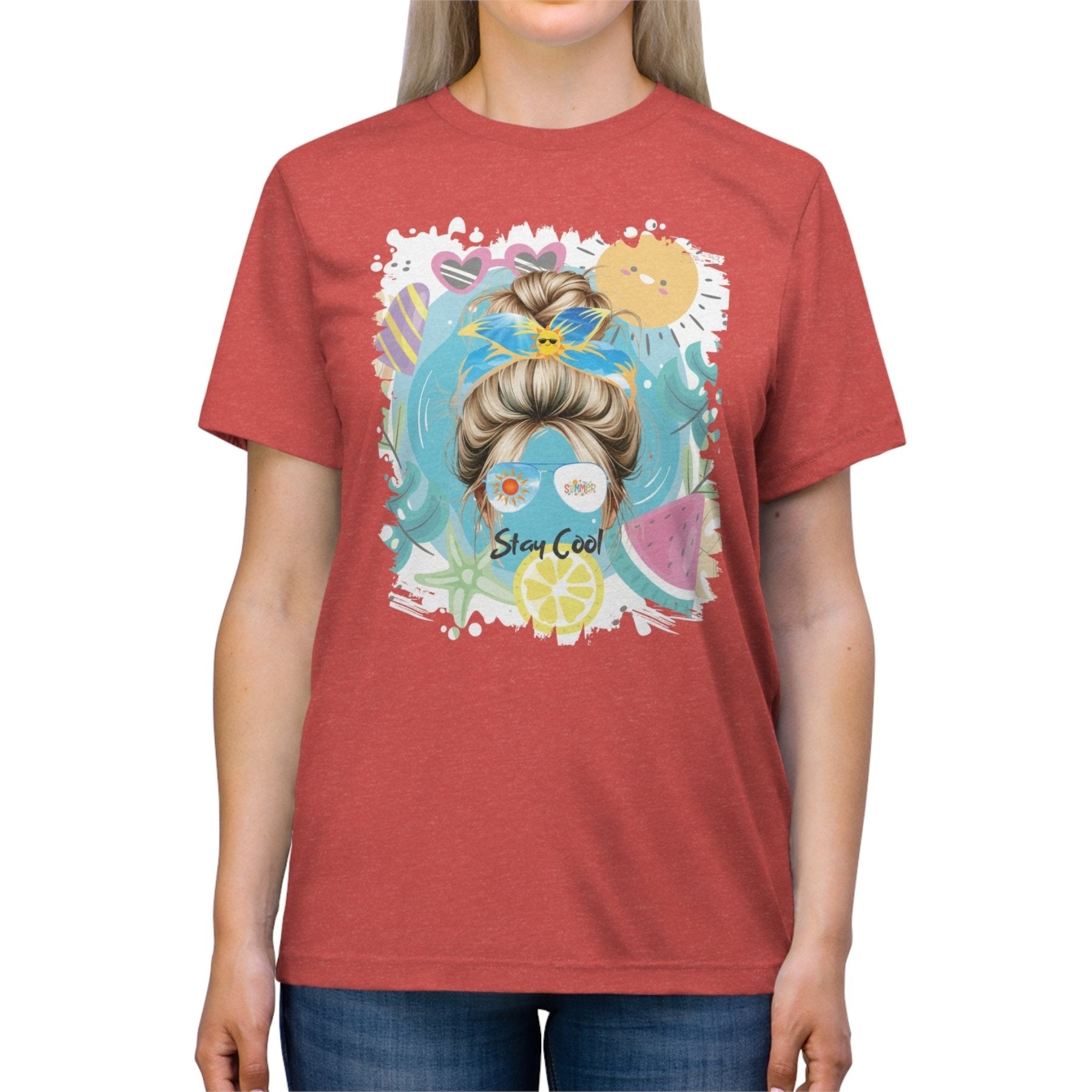 Stay Cool Summer Whimsical, Blond Hair Messy Bun, Unisex Triblend T - Shirt - Janlyn's Crafts