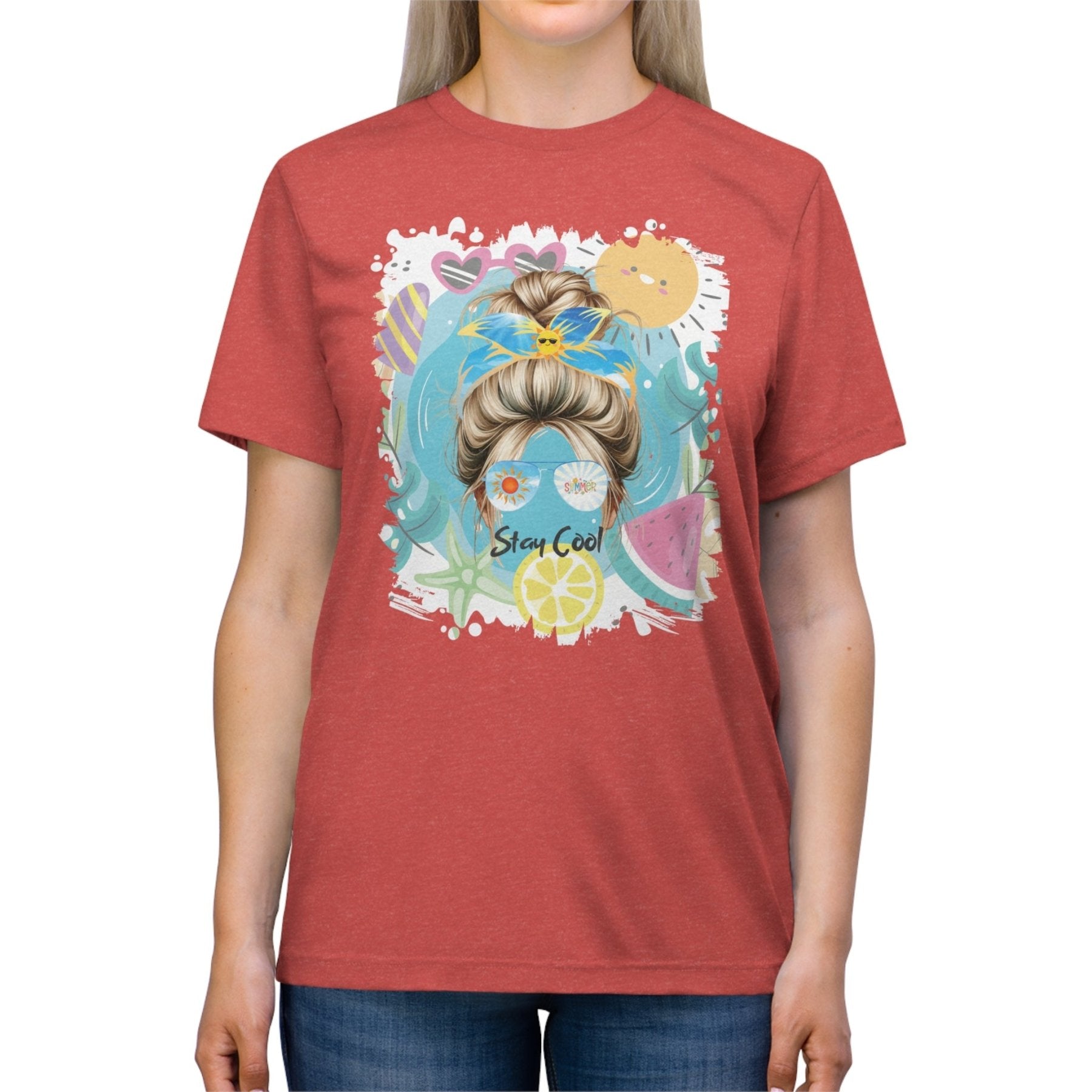 Stay Cool Summer Whimsical, Blond Hair Messy Bun, Unisex Triblend T - Shirt - Janlyn's Crafts