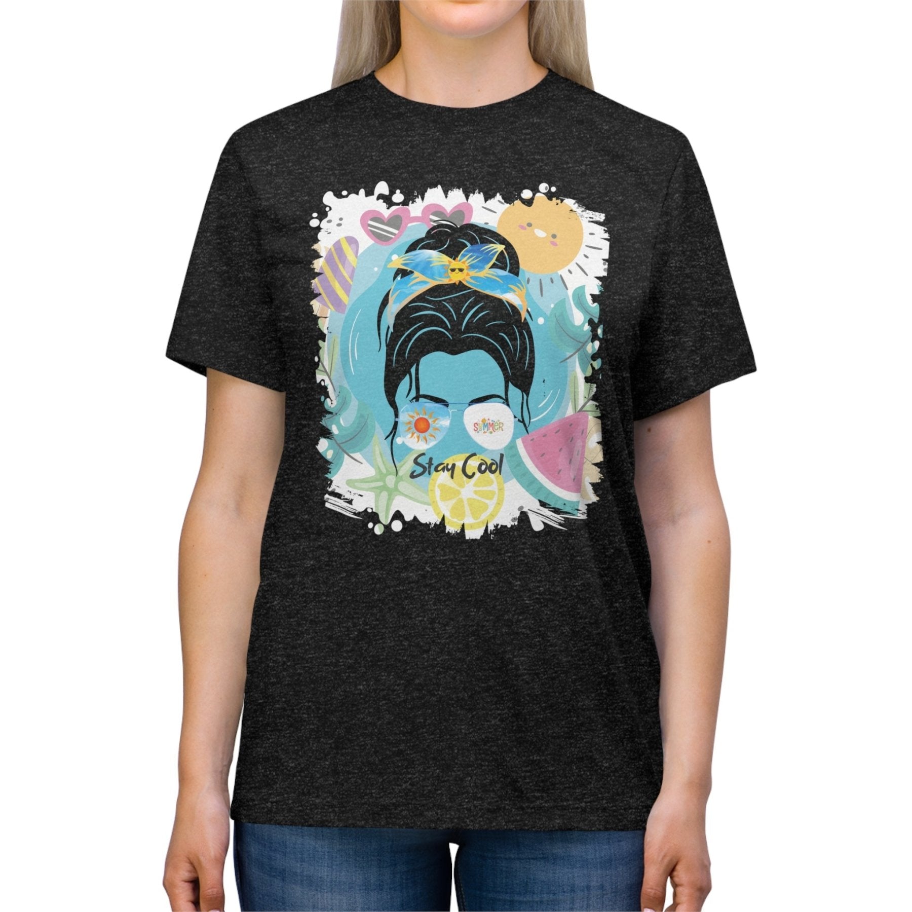 Stay Cool Summer Whimsical, Dark Hair Messy Bun, Unisex Triblend T - Shirt - Janlyn's Crafts