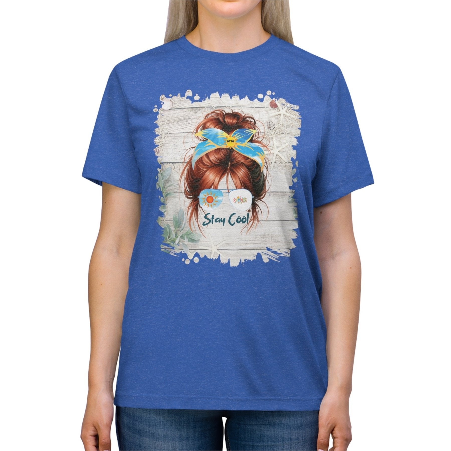 Stay Cool Summer Whiteboard, Red Hair Messy Bun, Unisex Triblend T - Shirt - Janlyn's Crafts