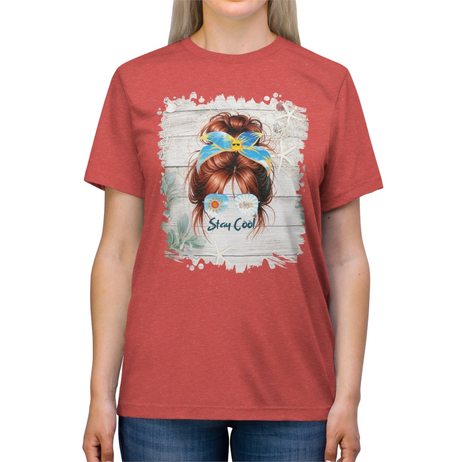 Stay Cool Summer Whiteboard, Red Hair Messy Bun, Unisex Triblend T - Shirt - Janlyn's Crafts