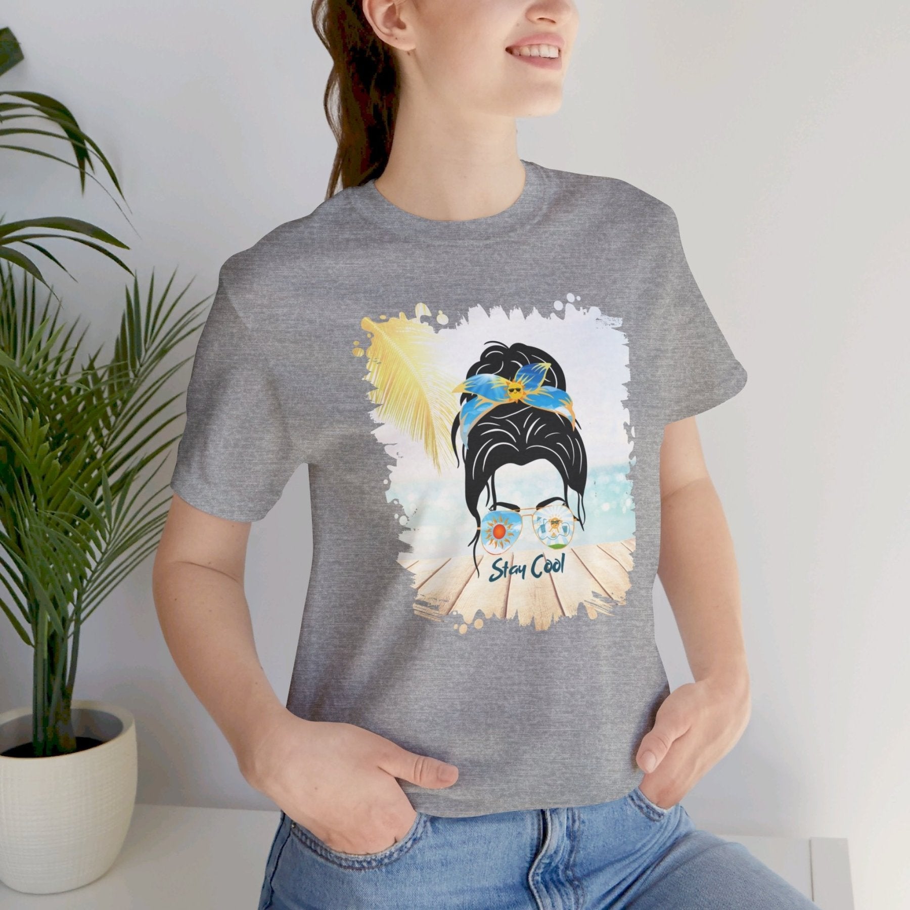 Stay Cool Sun, Dark Hair Messy Bun, Unisex Jersey Short Sleeve Tee - Janlyn's Crafts