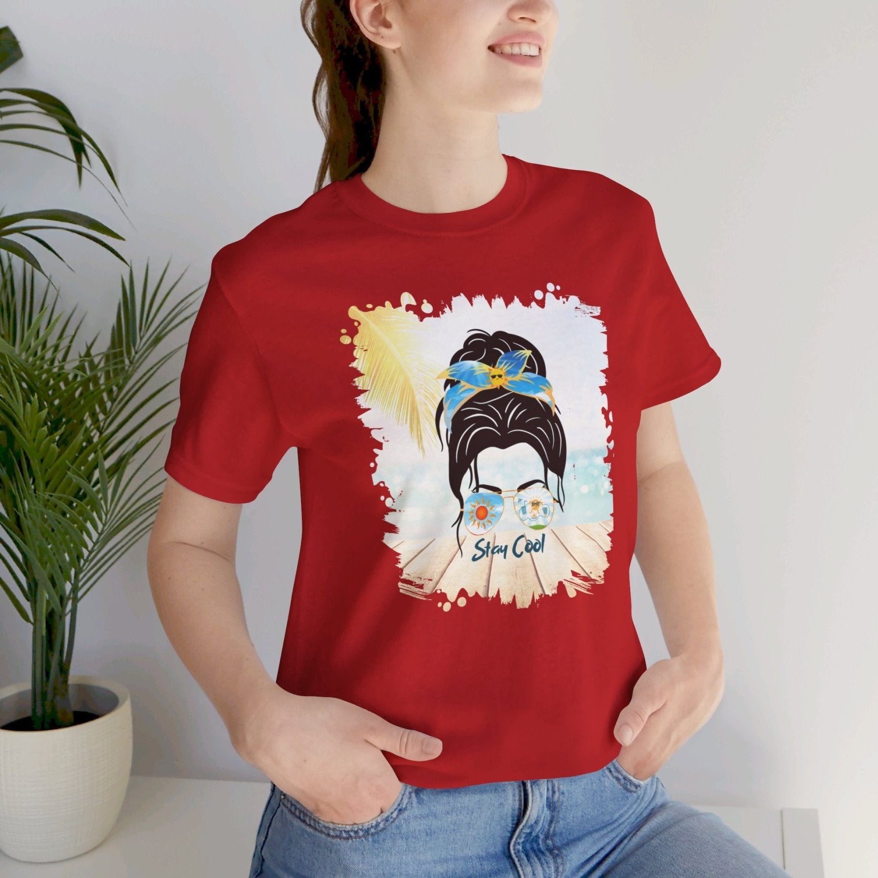 Stay Cool Sun, Dark Hair Messy Bun, Unisex Jersey Short Sleeve Tee - Janlyn's Crafts