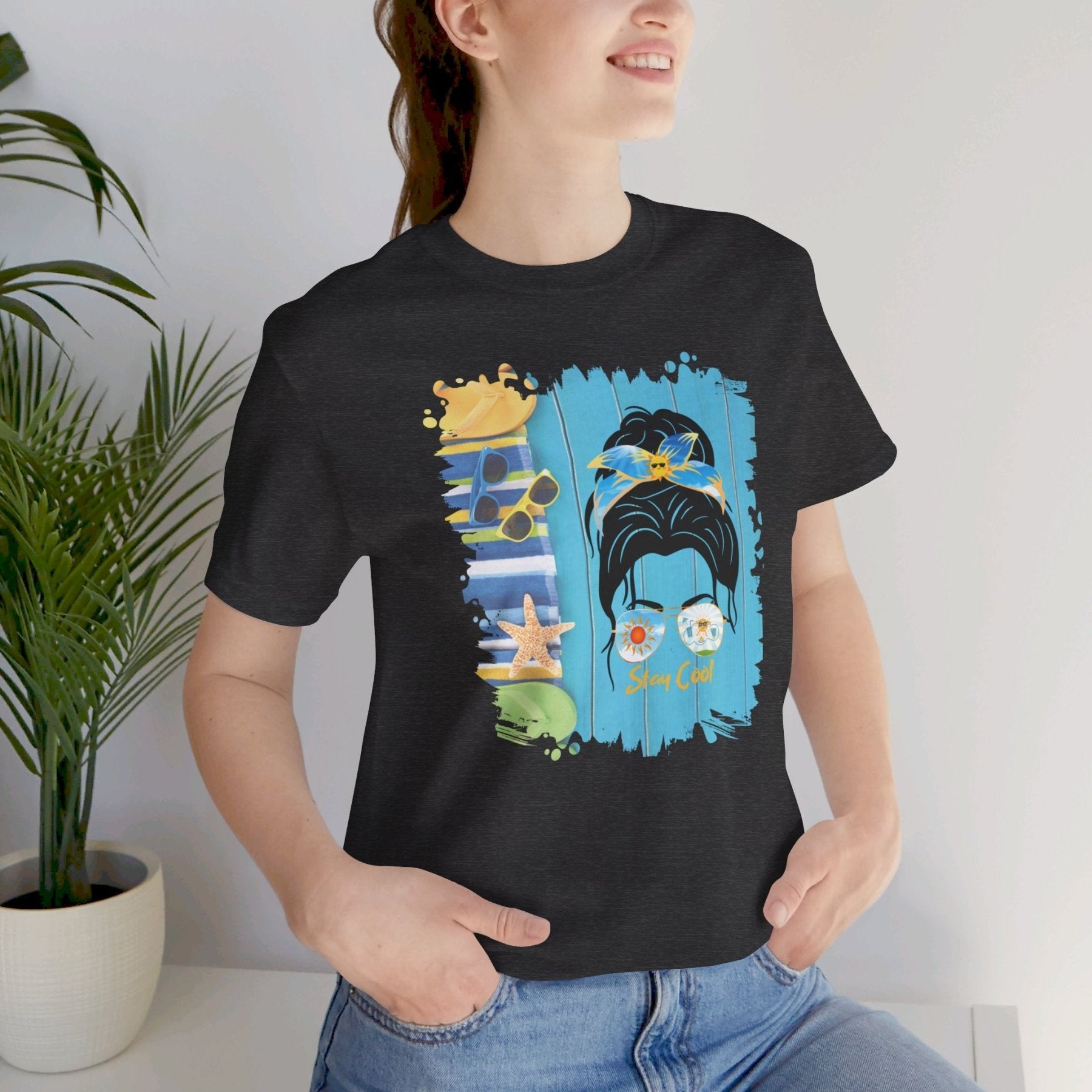 Stay Cool Sun Flip Flops, Dark Hair Messy Bun, Unisex Jersey Short Sleeve Tee - Janlyn's Crafts