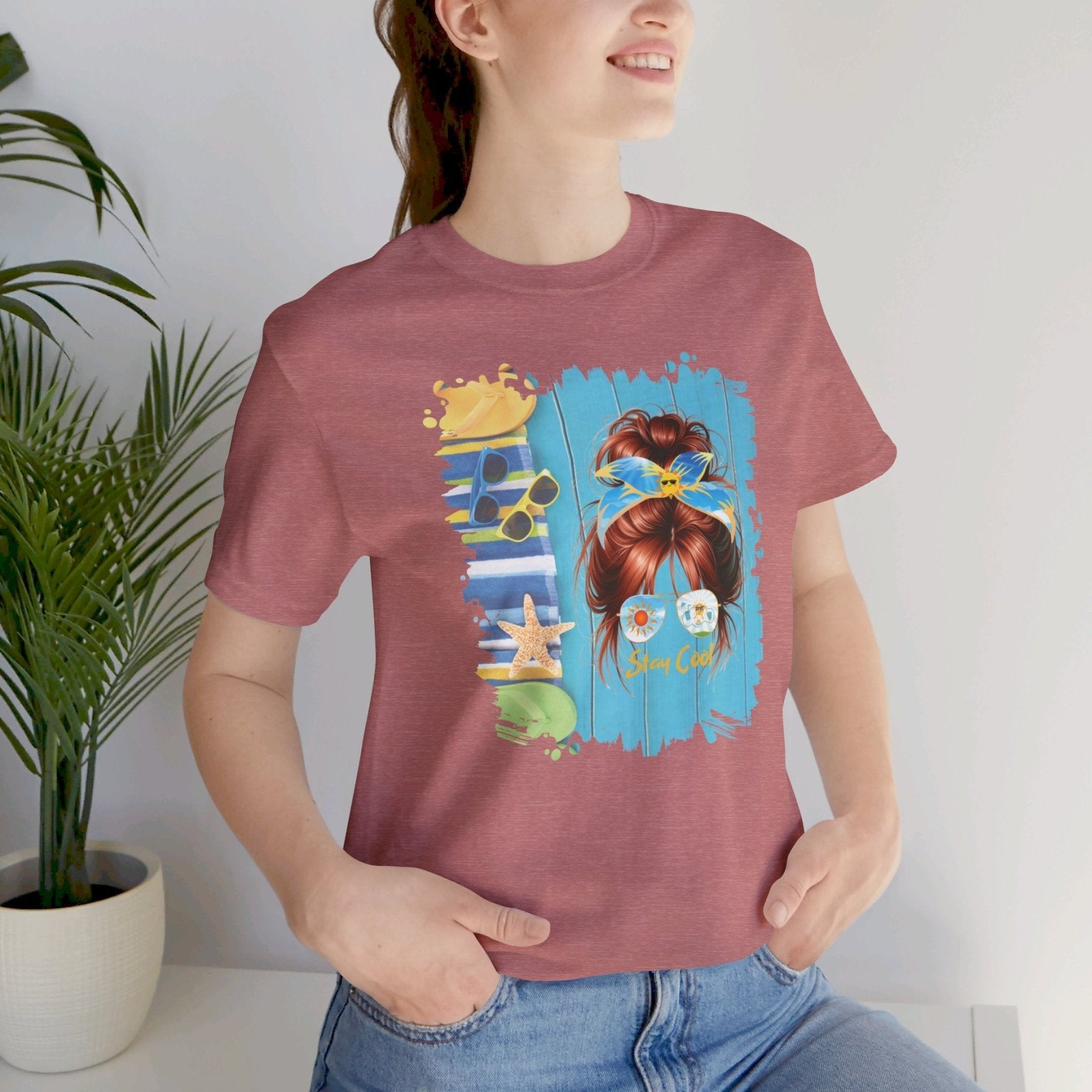 Stay Cool Sun Flip Flops, Red Hair Messy Bun, Unisex Jersey Short Sleeve Tee - Janlyn's Crafts