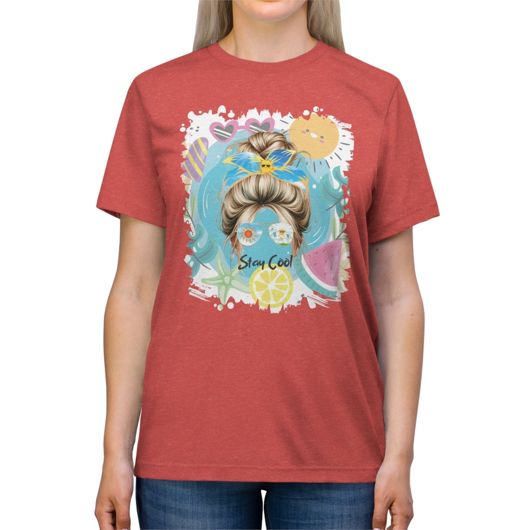 Stay Cool Sun Whimsical, Blond Hair Messy Bun, Unisex Triblend T - Shirt - Janlyn's Crafts