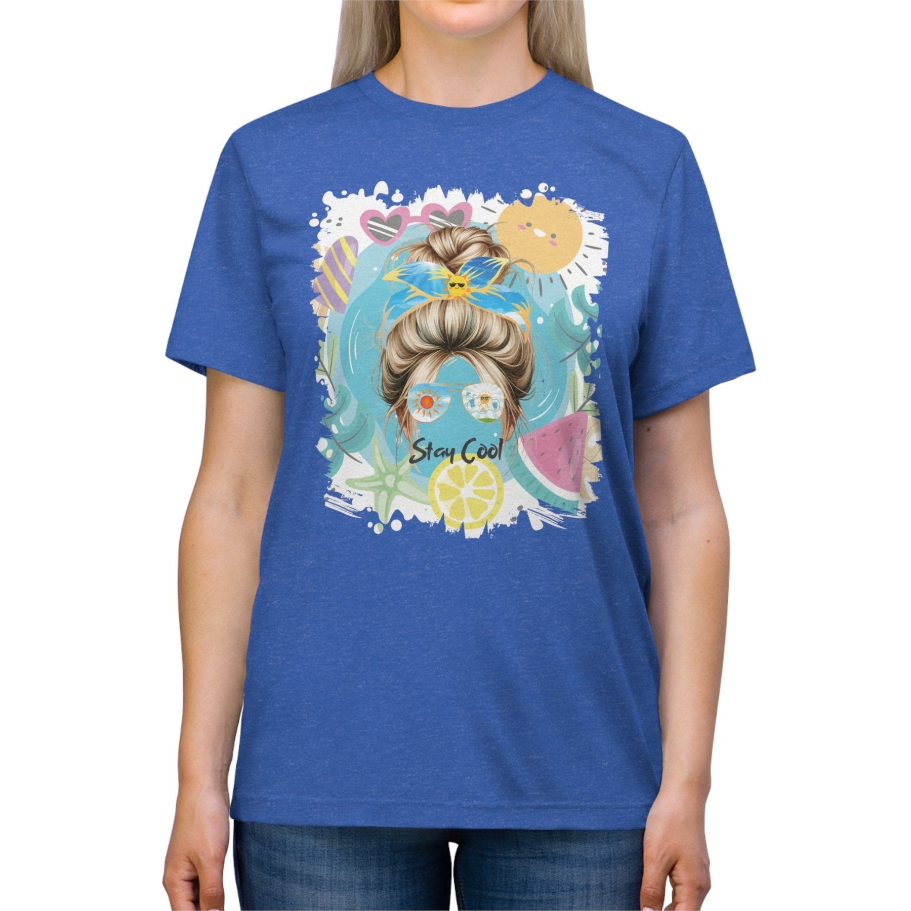 Stay Cool Sun Whimsical, Blond Hair Messy Bun, Unisex Triblend T - Shirt - Janlyn's Crafts