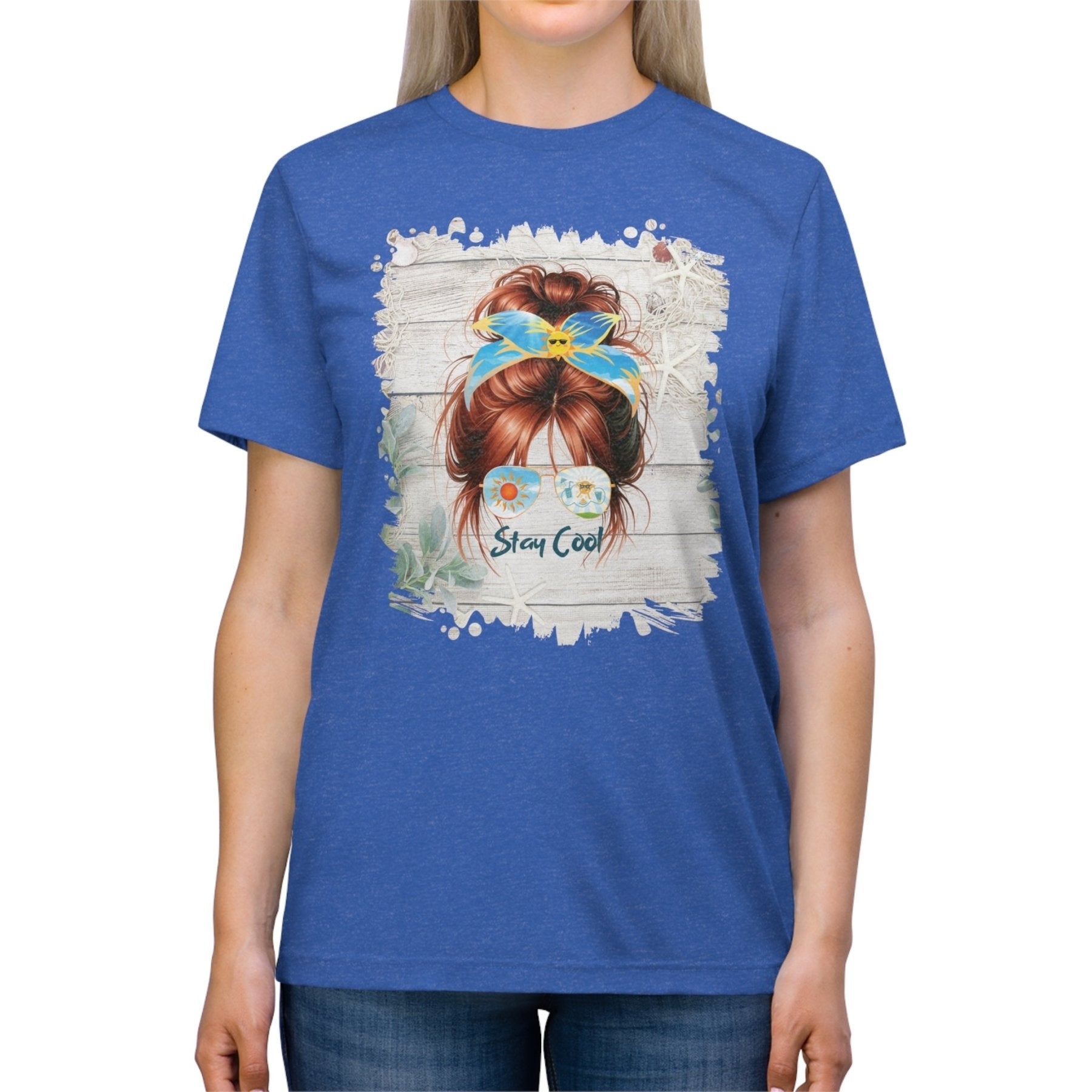 Stay Cool Sun Whiteboard, Red Hair Messy Bun, Unisex Triblend T - Shirt - Janlyn's Crafts