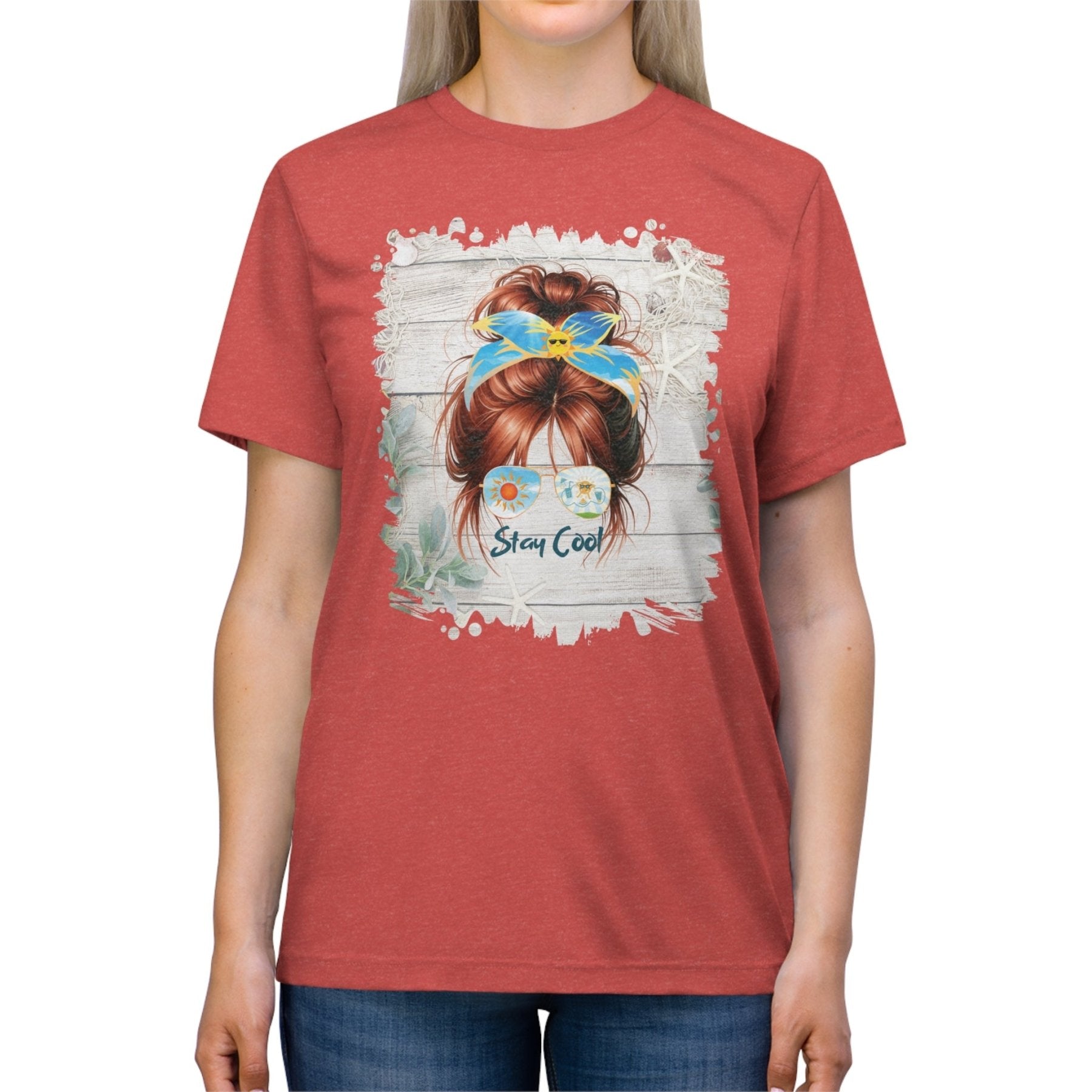 Stay Cool Sun Whiteboard, Red Hair Messy Bun, Unisex Triblend T - Shirt - Janlyn's Crafts