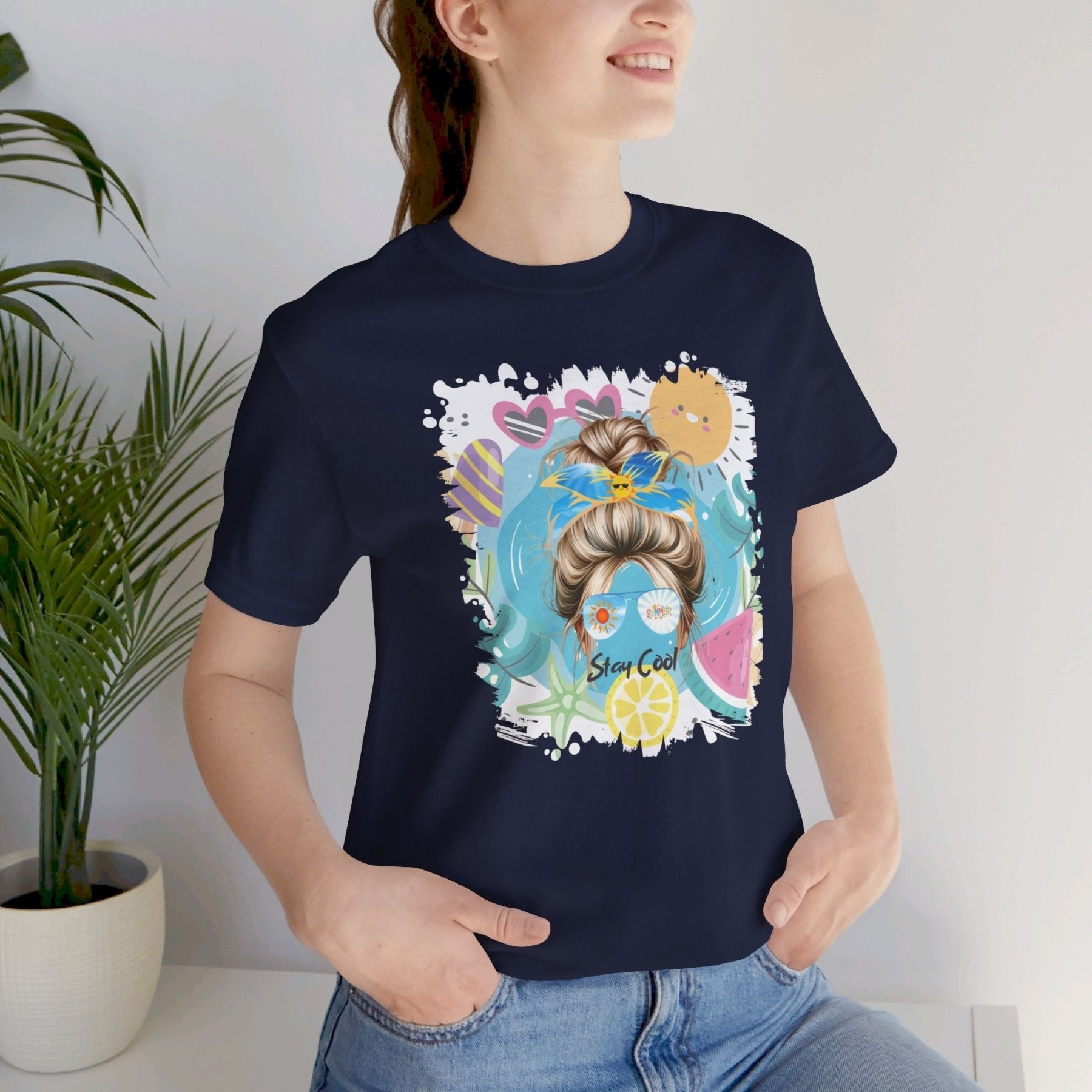 Stay Cool Whimsical Summer, Blond Hair Messy Bun, Unisex Jersey Short Sleeve Tee - Janlyn's Crafts