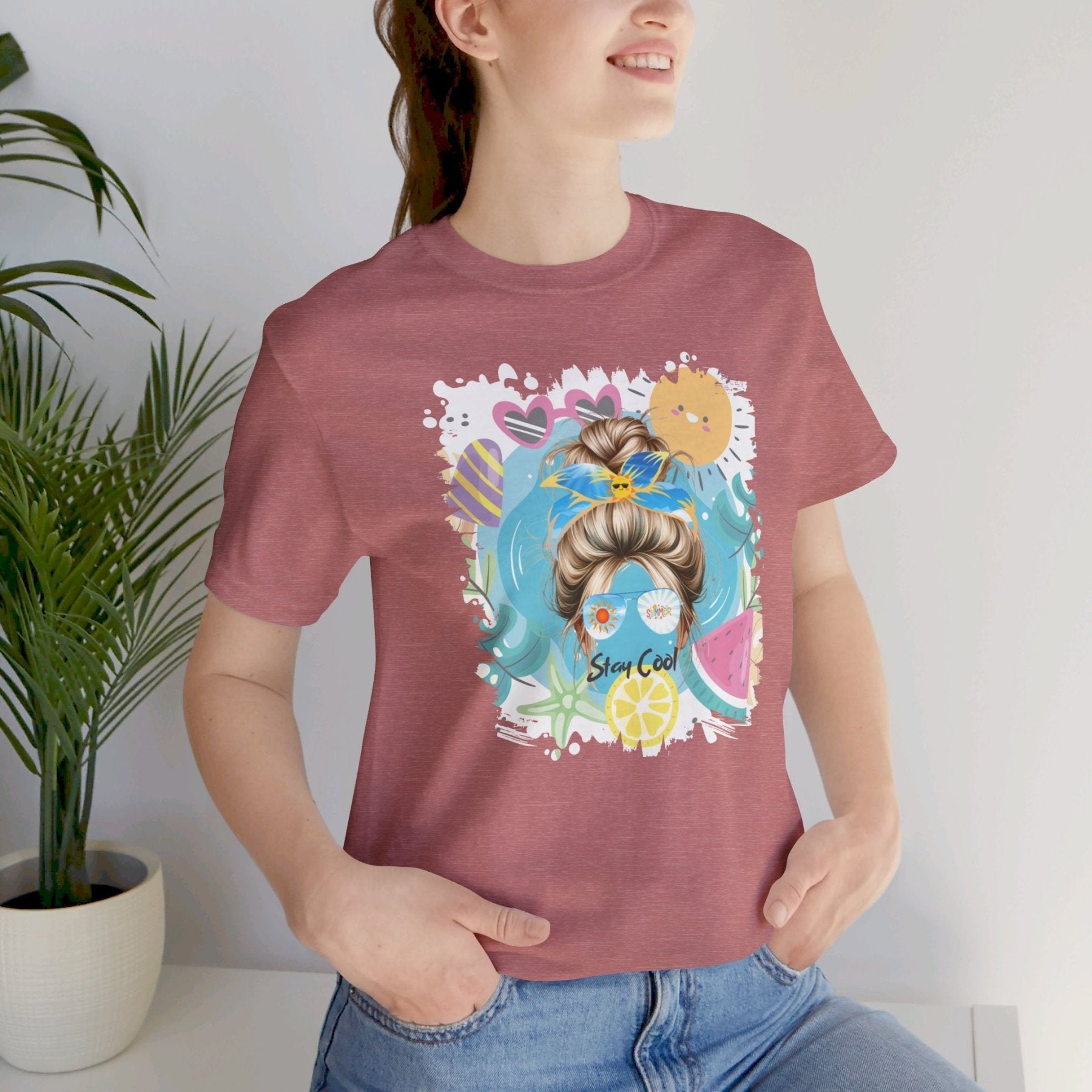 Stay Cool Whimsical Summer, Blond Hair Messy Bun, Unisex Jersey Short Sleeve Tee - Janlyn's Crafts