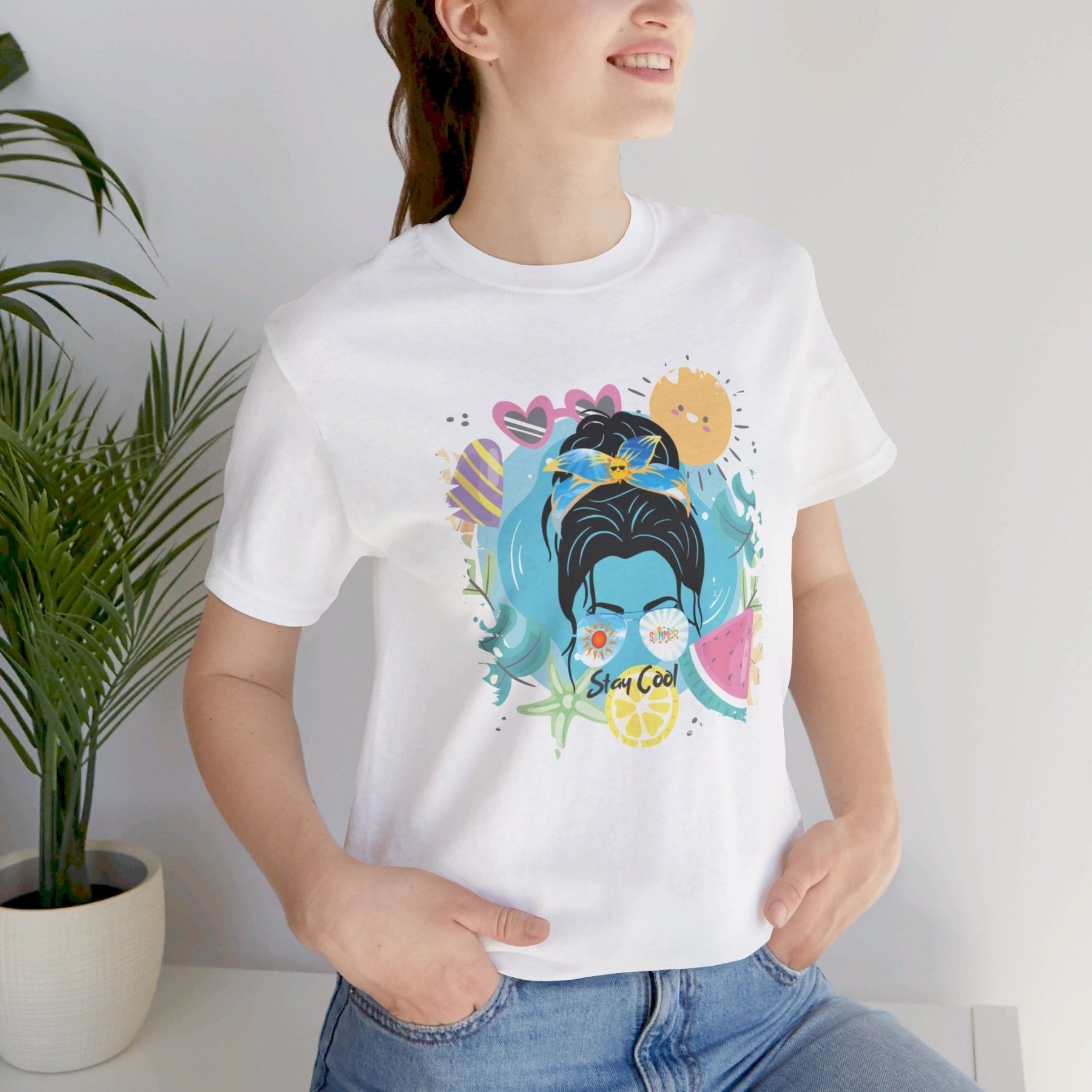 Stay Cool Whimsical Summer, Dark Hair Messy Bun, Unisex Jersey Short Sleeve Tee - Janlyn's Crafts