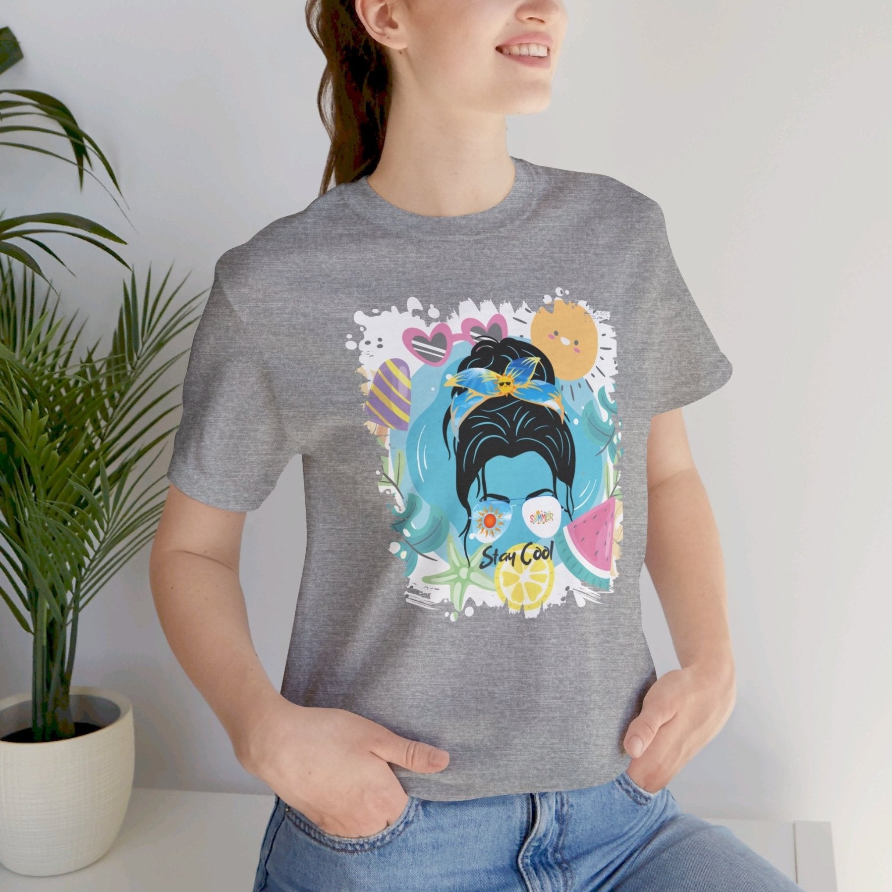 Stay Cool Whimsical Summer, Dark Hair Messy Bun, Unisex Jersey Short Sleeve Tee - Janlyn's Crafts