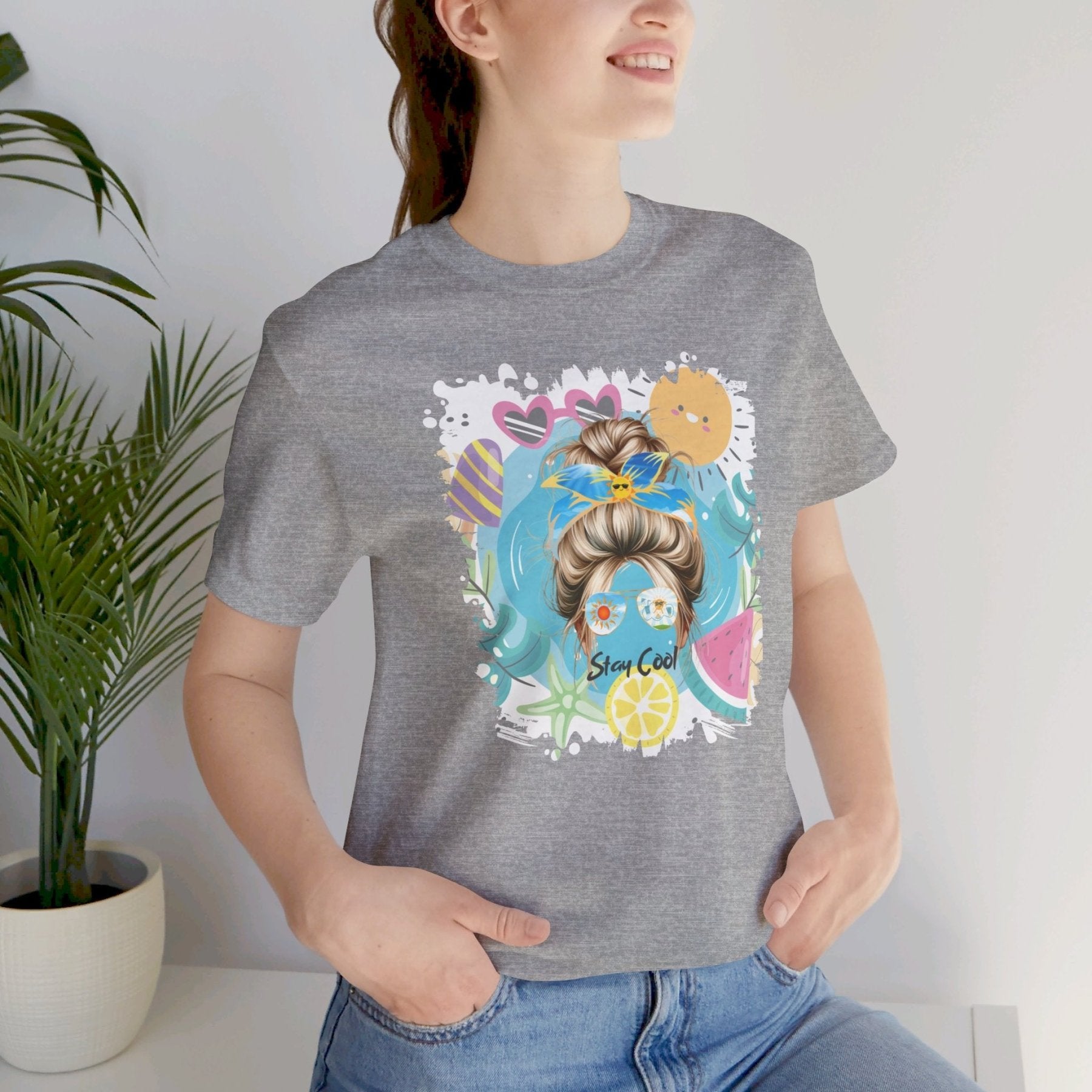 Stay Cool Whimsical Sun, Blond Hair Messy Bun, Unisex Jersey Short Sleeve Tee - Janlyn's Crafts