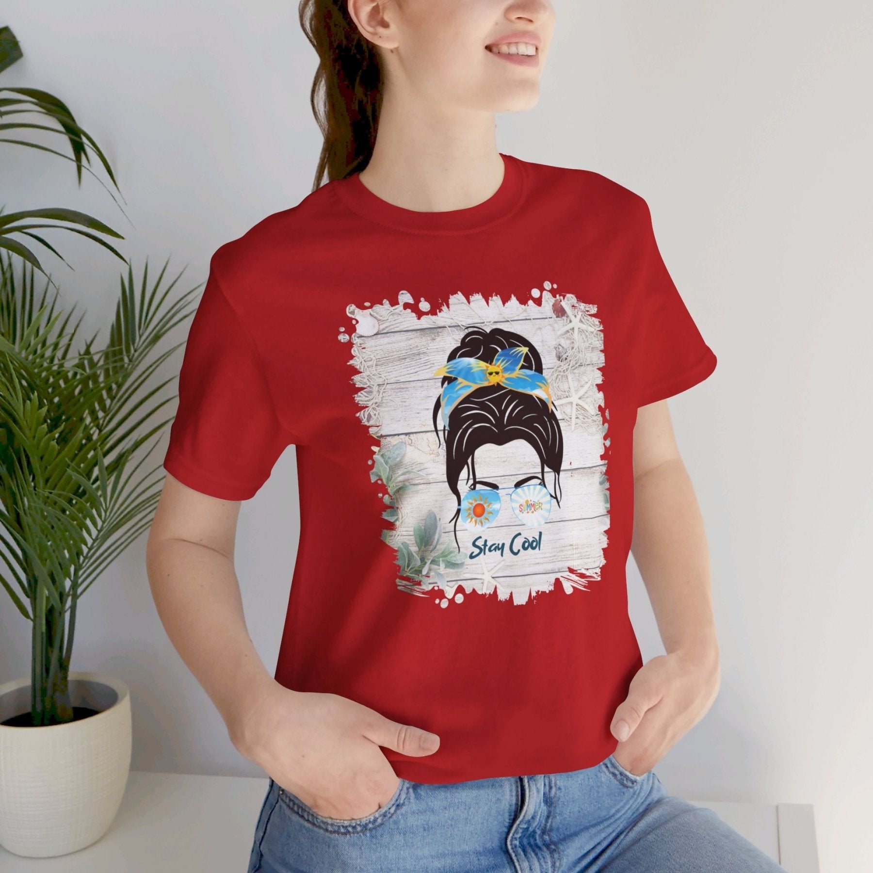 Stay Cool Whiteboard Summer, Dark Hair Messy Bun, Unisex Jersey Short Sleeve Tee - Janlyn's Crafts