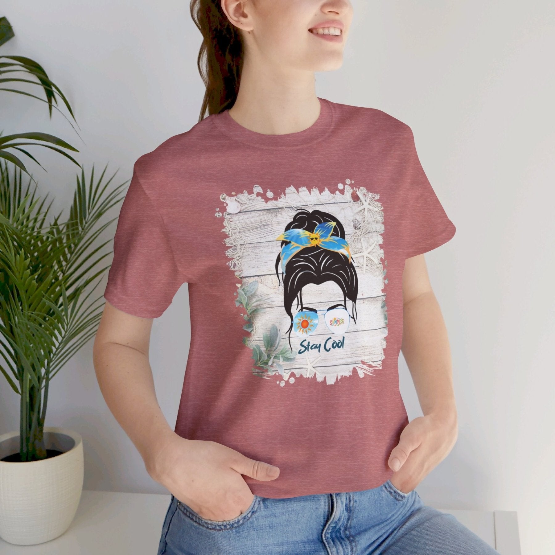 Stay Cool Whiteboard Summer, Dark Hair Messy Bun, Unisex Jersey Short Sleeve Tee - Janlyn's Crafts