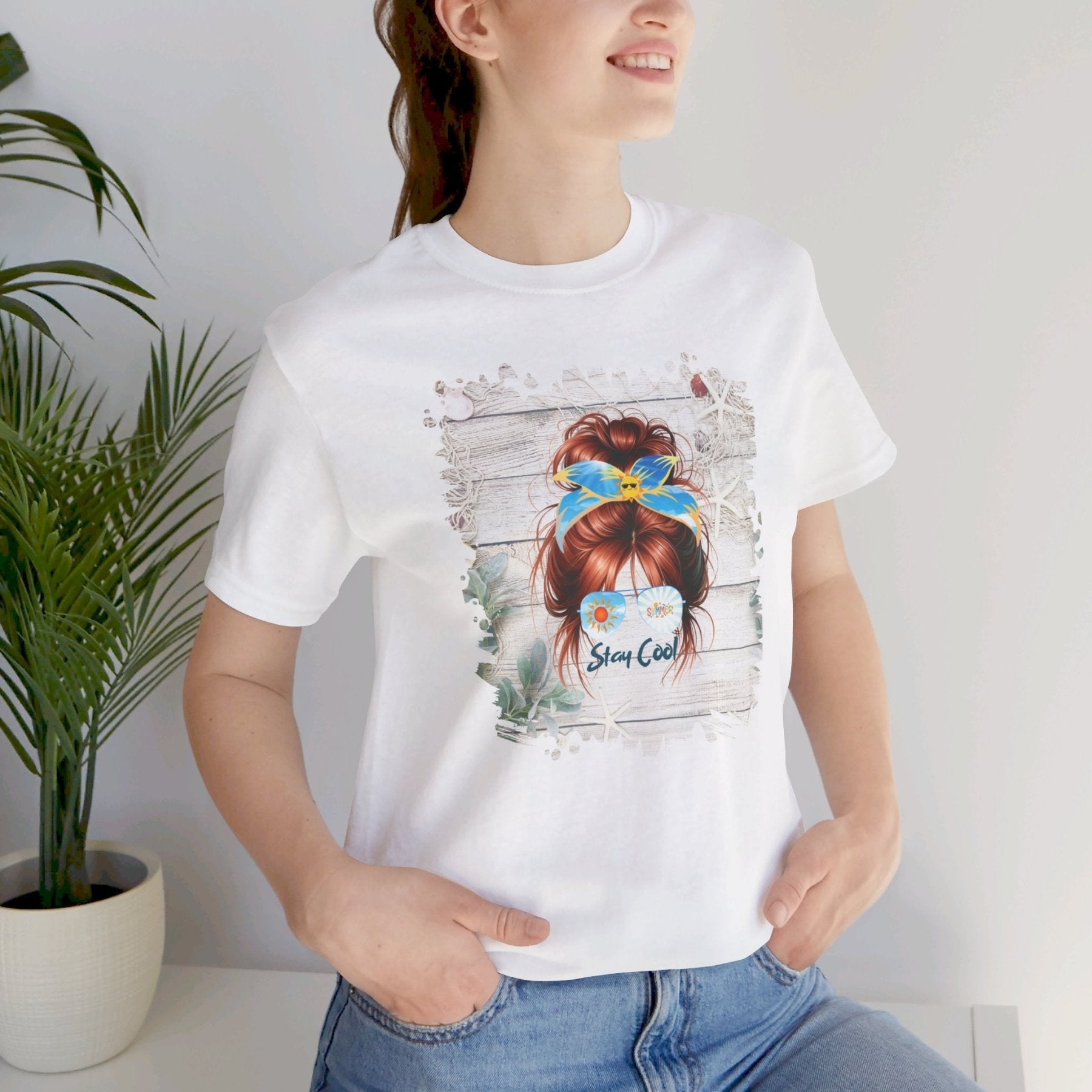 Stay Cool Whiteboard Summer, Red Hair Messy Bun, Unisex Jersey Short Sleeve Tee - Janlyn's Crafts