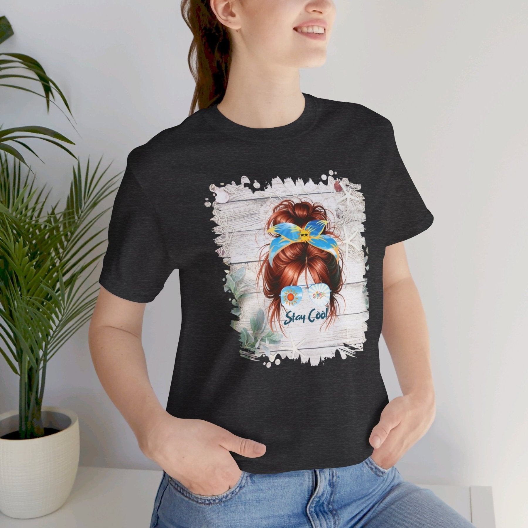 Stay Cool Whiteboard Summer, Red Hair Messy Bun, Unisex Jersey Short Sleeve Tee - Janlyn's Crafts