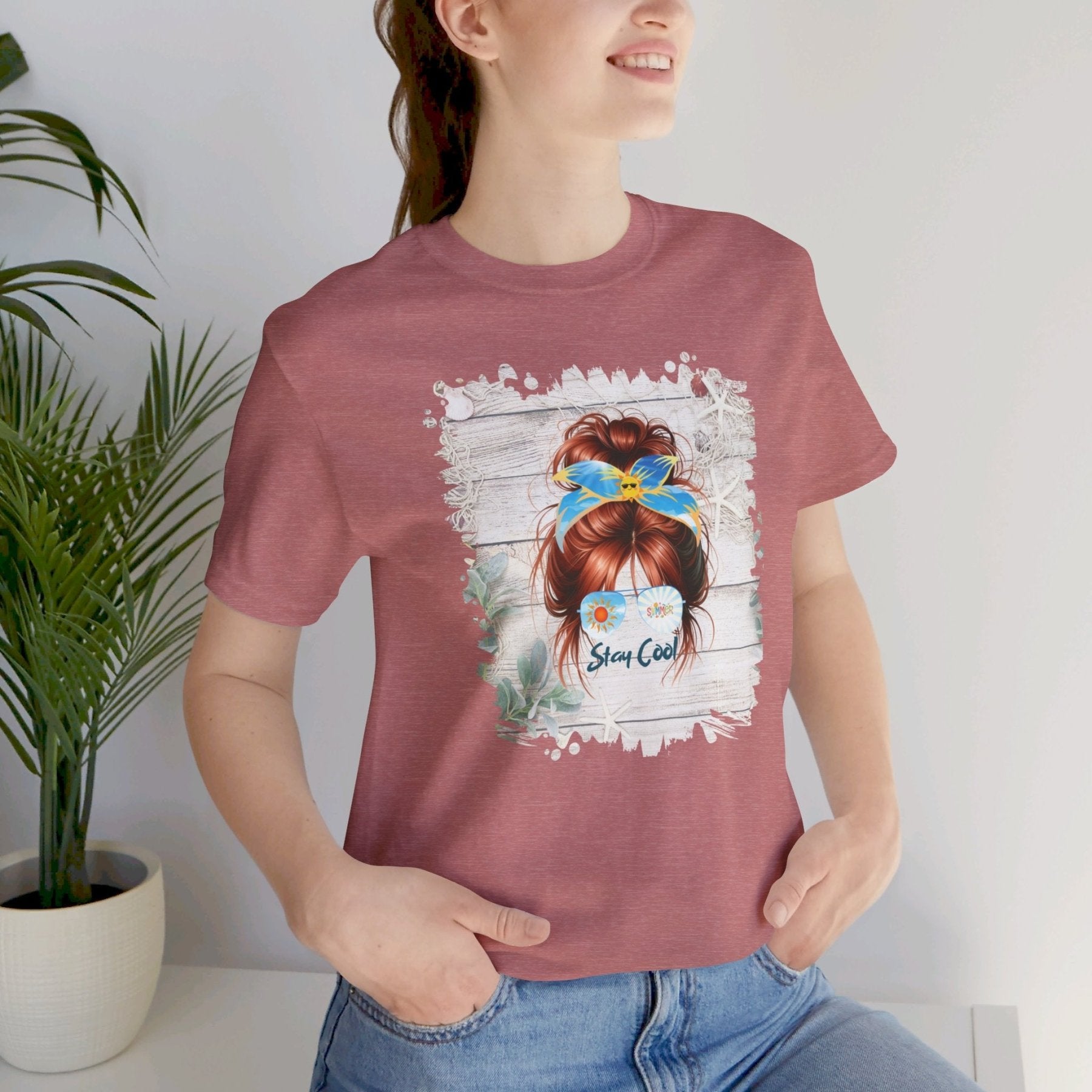 Stay Cool Whiteboard Summer, Red Hair Messy Bun, Unisex Jersey Short Sleeve Tee - Janlyn's Crafts