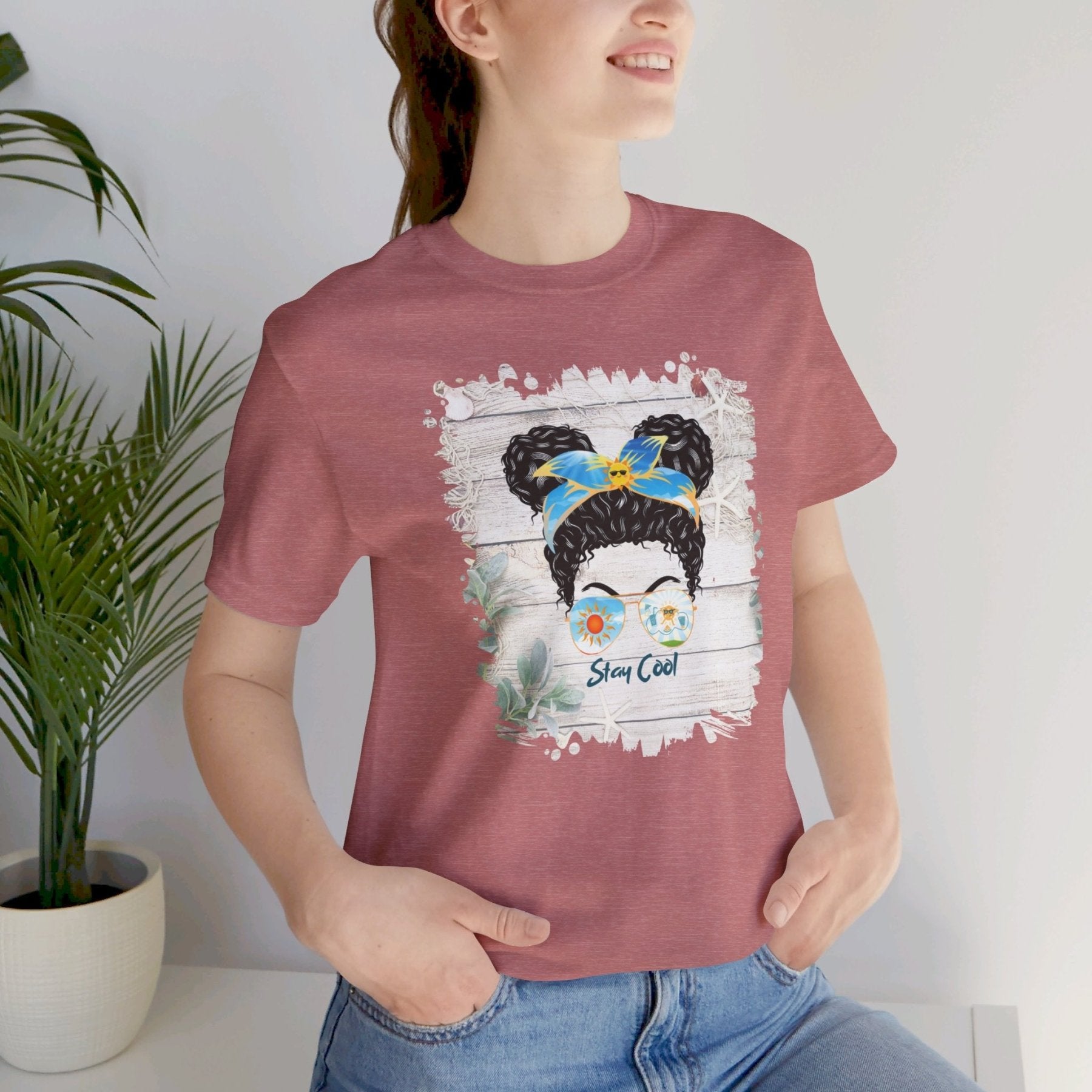 Stay Cool Whiteboard Sun, Black Hair Messy Bun, Unisex Jersey Short Sleeve Tee - Janlyn's Crafts