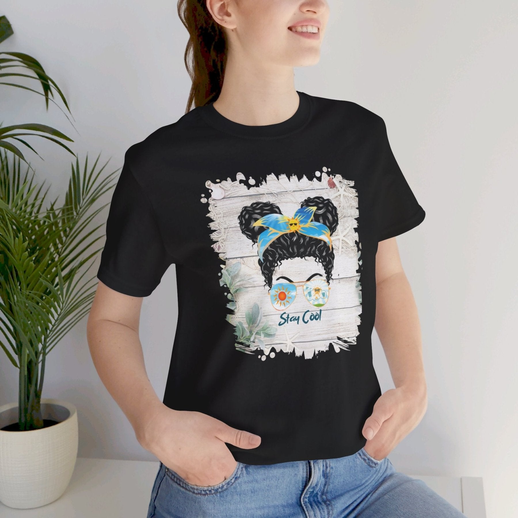 Stay Cool Whiteboard Sun, Black Hair Messy Bun, Unisex Jersey Short Sleeve Tee - Janlyn's Crafts